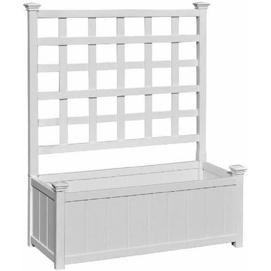 Outdoor White Vinyl Garden Planter Box with Trellis featuring lattice grid for climbing plants, ideal for herbs and decorative flowers.