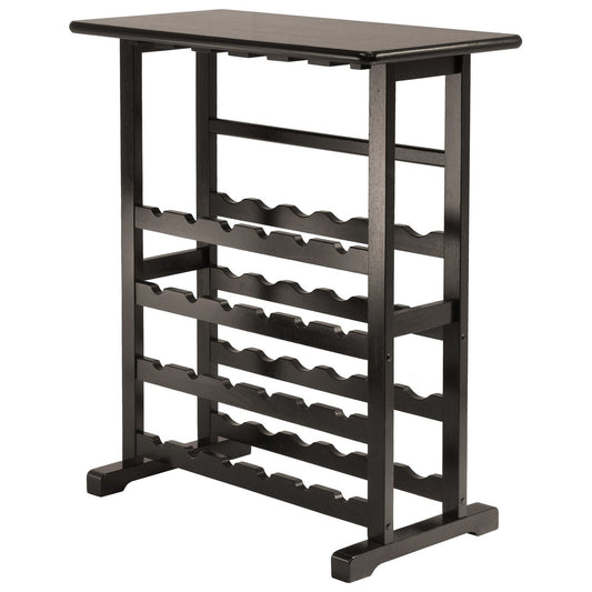 Floor-Standing Dark Espresso Brown 24-Bottle Wine Rack with stemware rack, ideal for wine storage and display