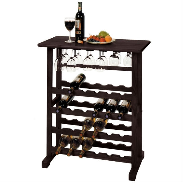 Floor-Standing Dark Espresso Brown 24-Bottle Wine Rack with stemware hanging and countertop