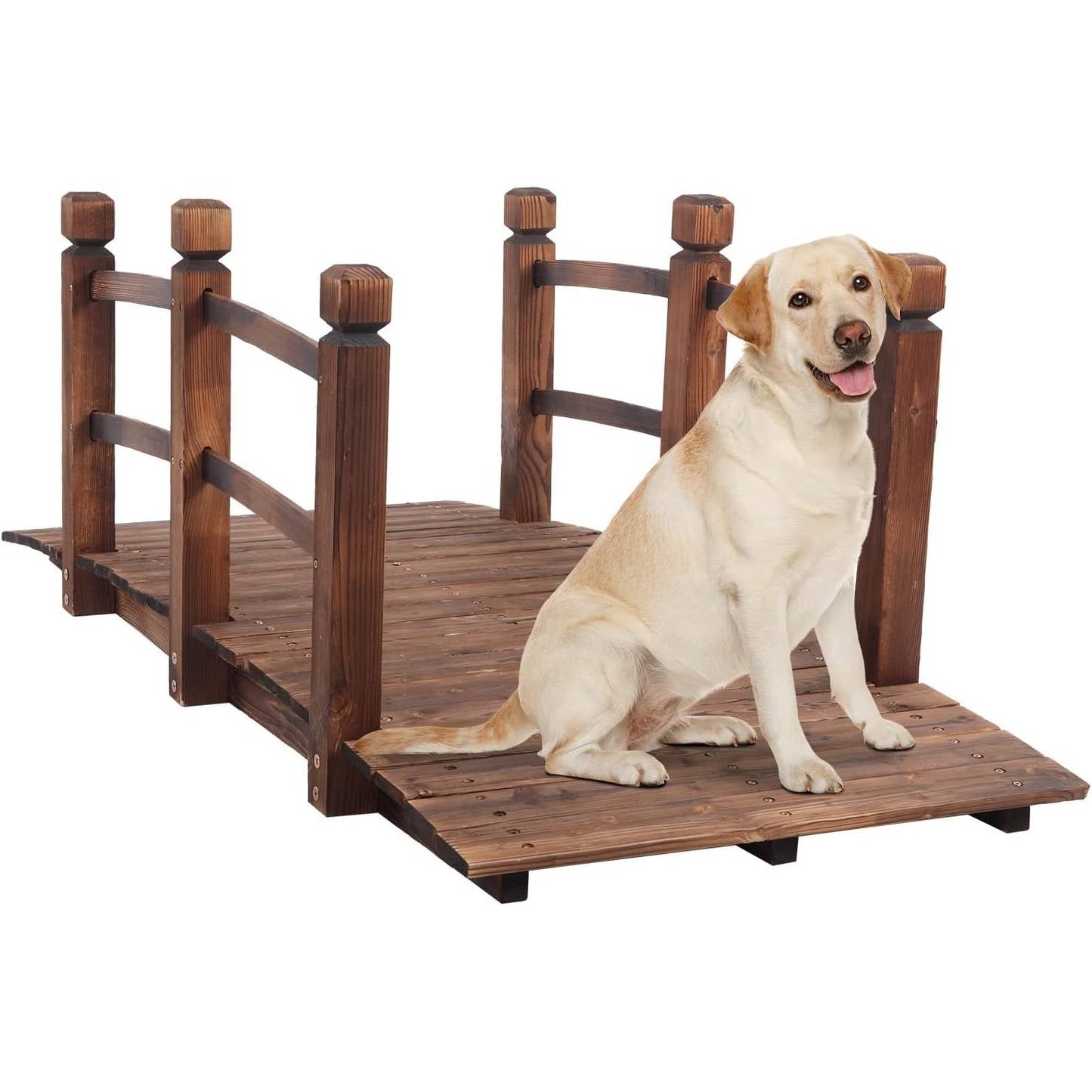 Labrador sitting on Outdoor 5-foot Solid Fir Wood Garden Bridge in Rustic Brown Finish, displaying wooden structure and design.