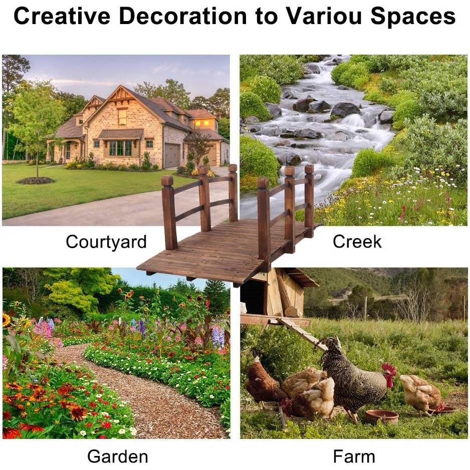 Outdoor 5-foot Solid Fir Wood Garden Bridge in Rustic Brown Finish over garden, creek, and farm settings.