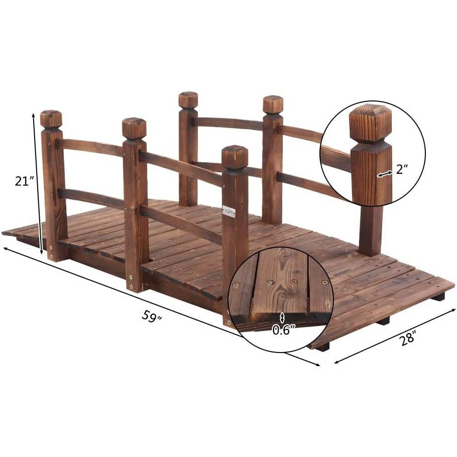 Outdoor 5-foot Solid Fir Wood Garden Bridge in Rustic Brown Finish with dimensions and wood details shown