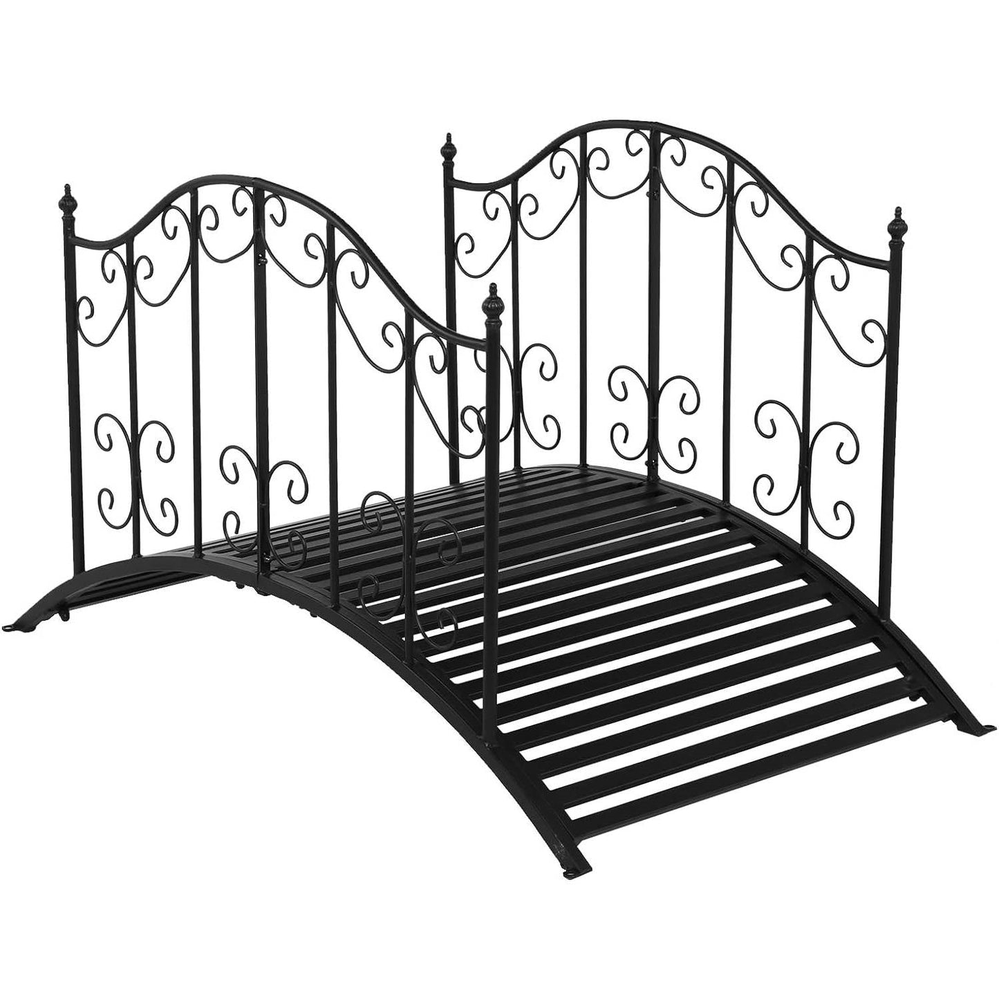 Sturdy Outdoor Rust-Proof 4-Foot Black Metal Arch Garden Bridge with decorative side rails for outdoor decoration.