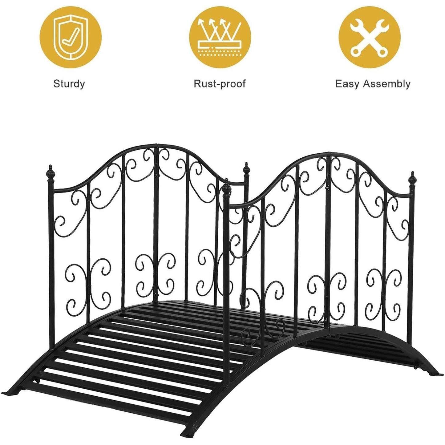 Sturdy Outdoor Rust-Proof 4-Foot Black Metal Arch Garden Bridge with decorative side rails and easy assembly features.