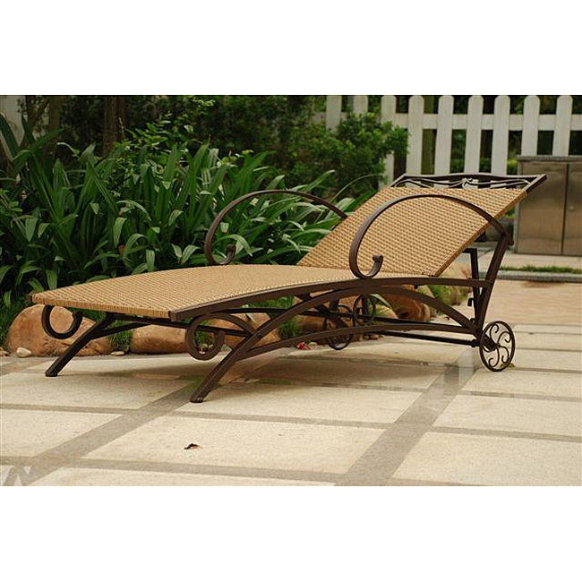 Resin Wicker / Steel Multi-Position Chaise Lounge Chair Recliner with brown steel frame and light pecan wicker on patio