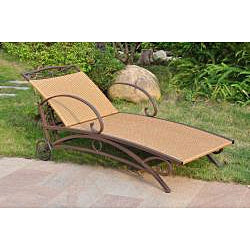 Resin Wicker / Steel Multi-Position Chaise Lounge Chair Recliner with pecan wicker and curved legs in outdoor setting