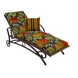 Resin Wicker / Steel Multi-Position Chaise Lounge Chair Recliner with colorful floral cushions in outdoor setting.