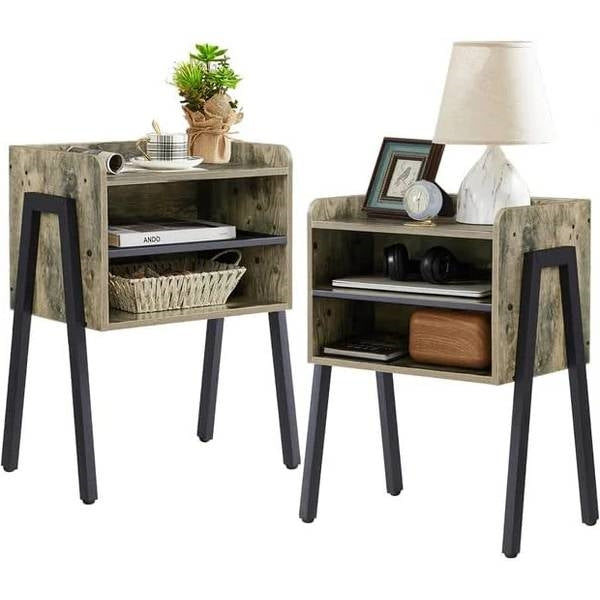 Set of 2 Modern Industrial Grey Wood Black Metal Side Table Nightstand End Table with storage compartments.