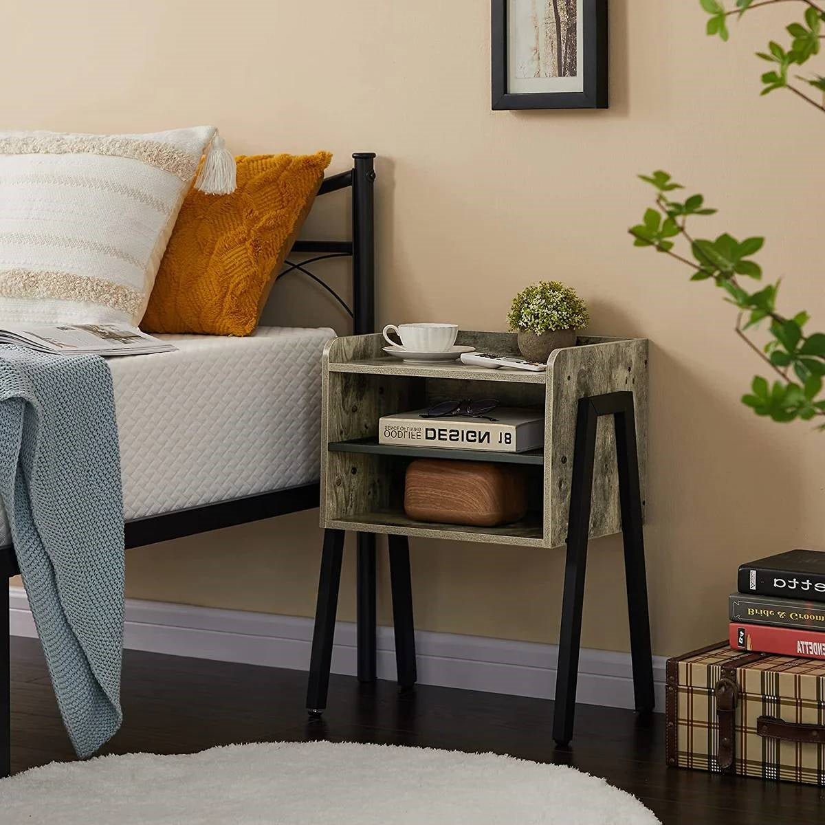 Set of 2 Modern Industrial Grey Wood Black Metal Side Table Nightstand End Table next to a bed in a cozy bedroom setting