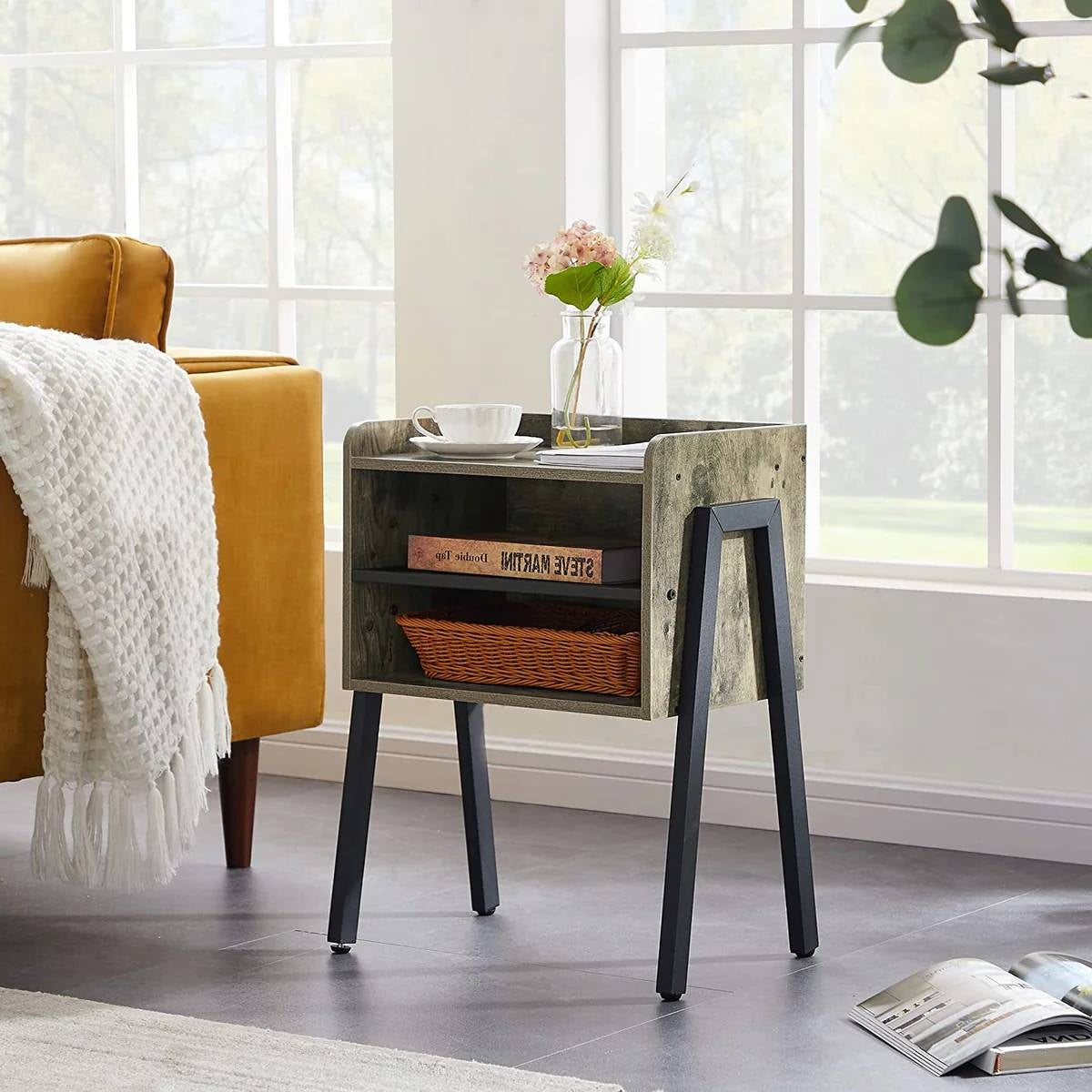 Set of 2 Modern Industrial Grey Wood Black Metal Side Table Nightstand End Table in cozy living room setting