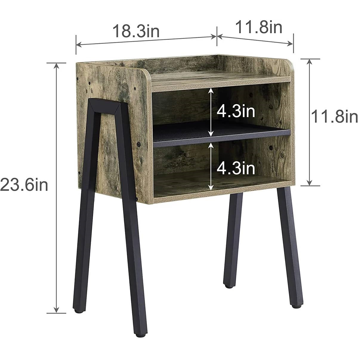 Dimensions of Set of 2 Modern Industrial Grey Wood Black Metal Side Table Nightstand End Table with storage compartments.