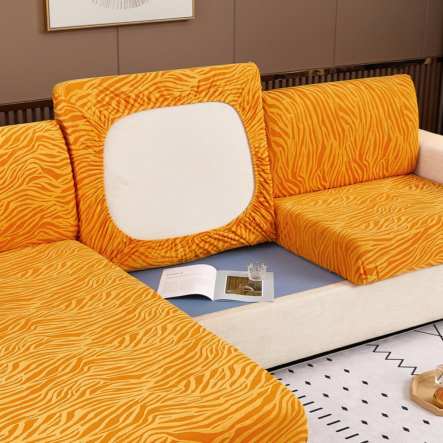 Striped Jacquard Fleece Furniture Covers Stretchable Non-Slip Cushion Covers for L-Shaped Couch, Pets