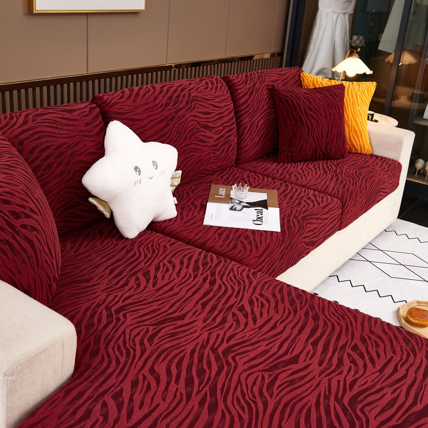 Striped Jacquard Fleece Furniture Covers Stretchable Non-Slip Cushion Covers for L-Shaped Couch, Pets