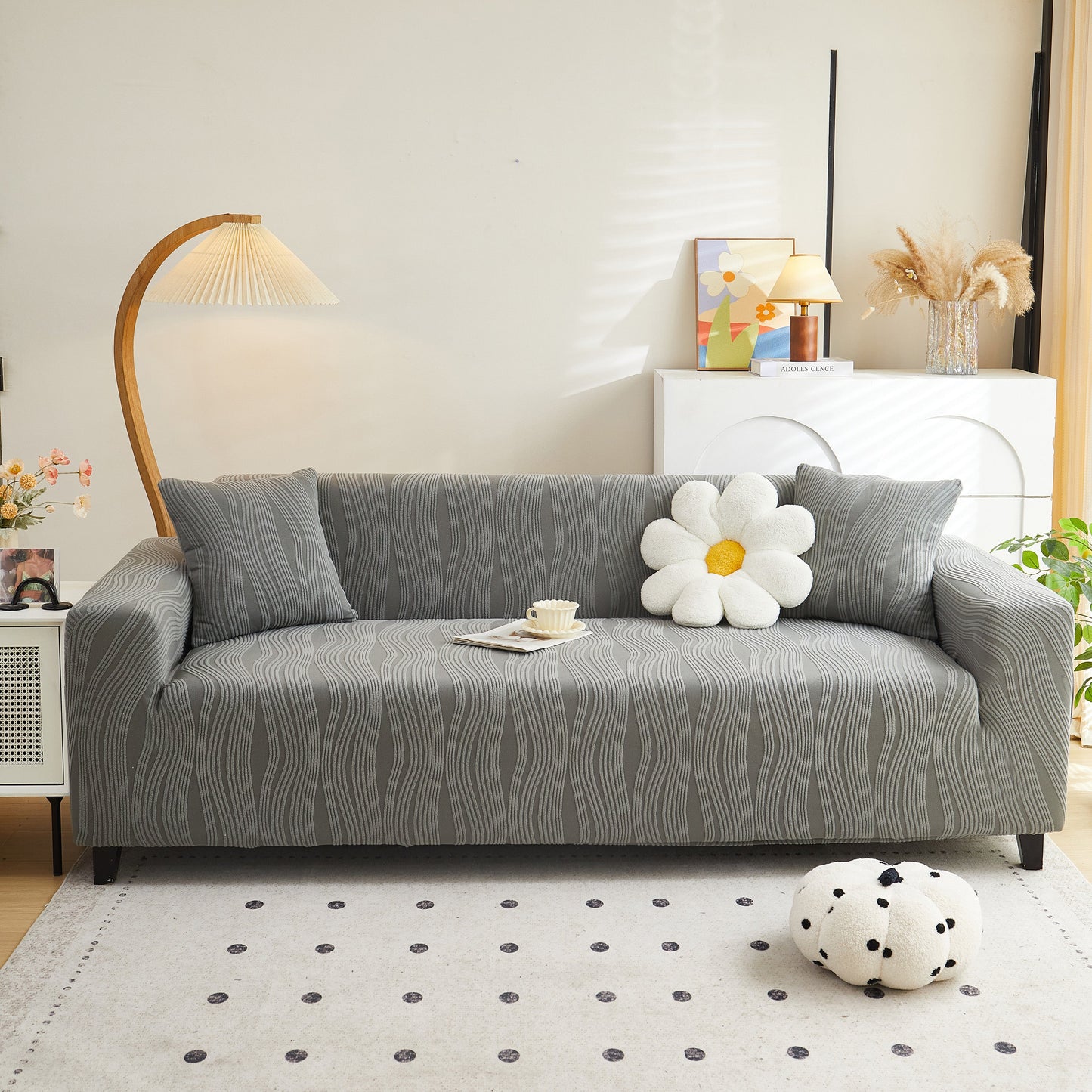 Textured Wave Stretch Sofa Couch Cover on grey sofa, Soft Washable Spandex Furniture Slipcovers for stylish protection