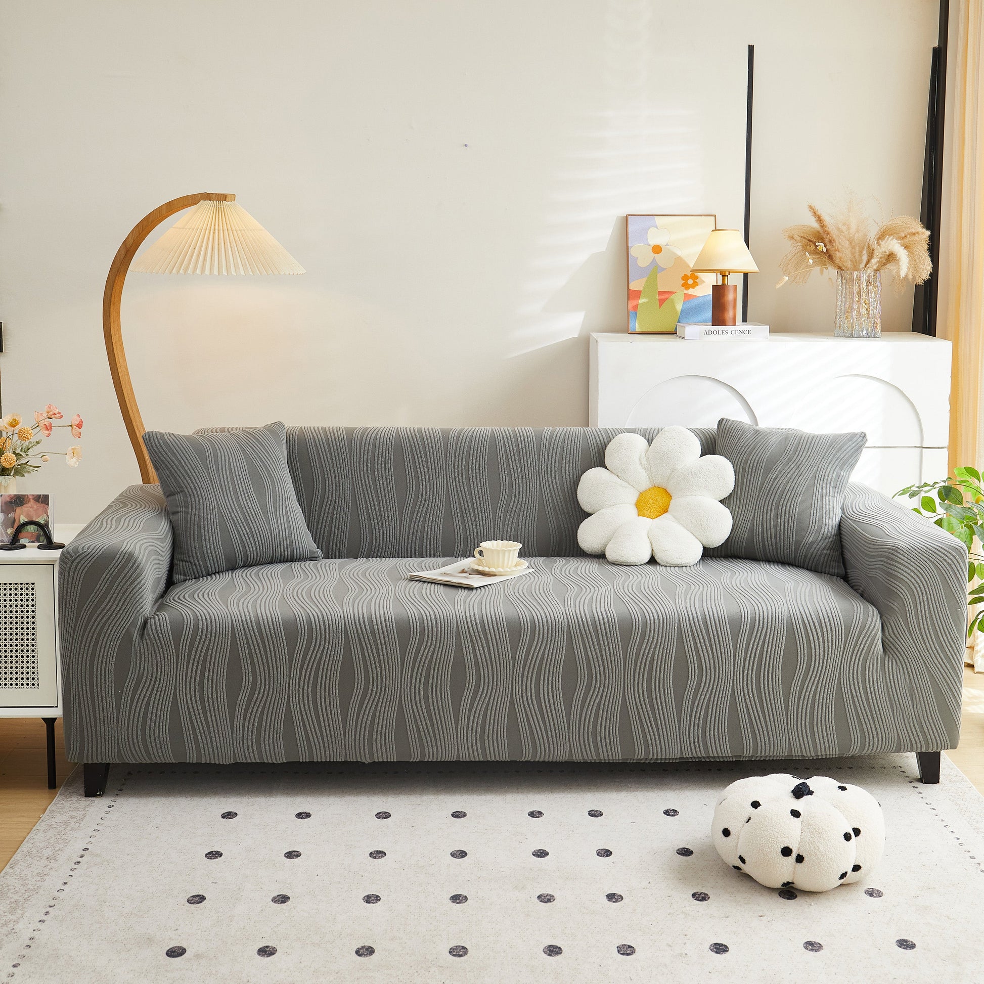 Textured Wave Stretch Sofa Couch Cover on grey sofa, Soft Washable Spandex Furniture Slipcovers for stylish protection