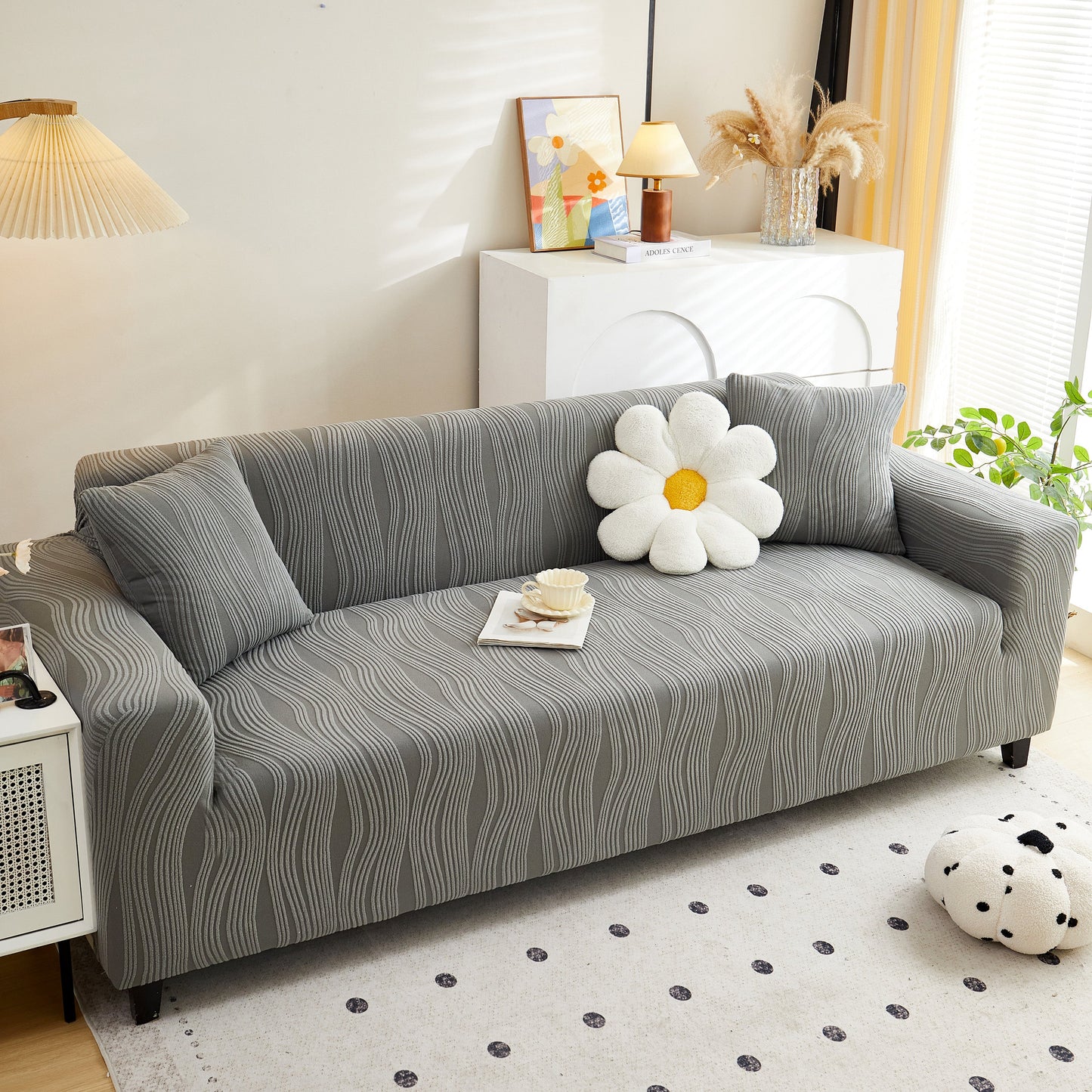 Textured Wave Stretch Sofa Couch Cover, Soft Washable Spandex Furniture Slipcovers on a sleek modern couch in living room setting