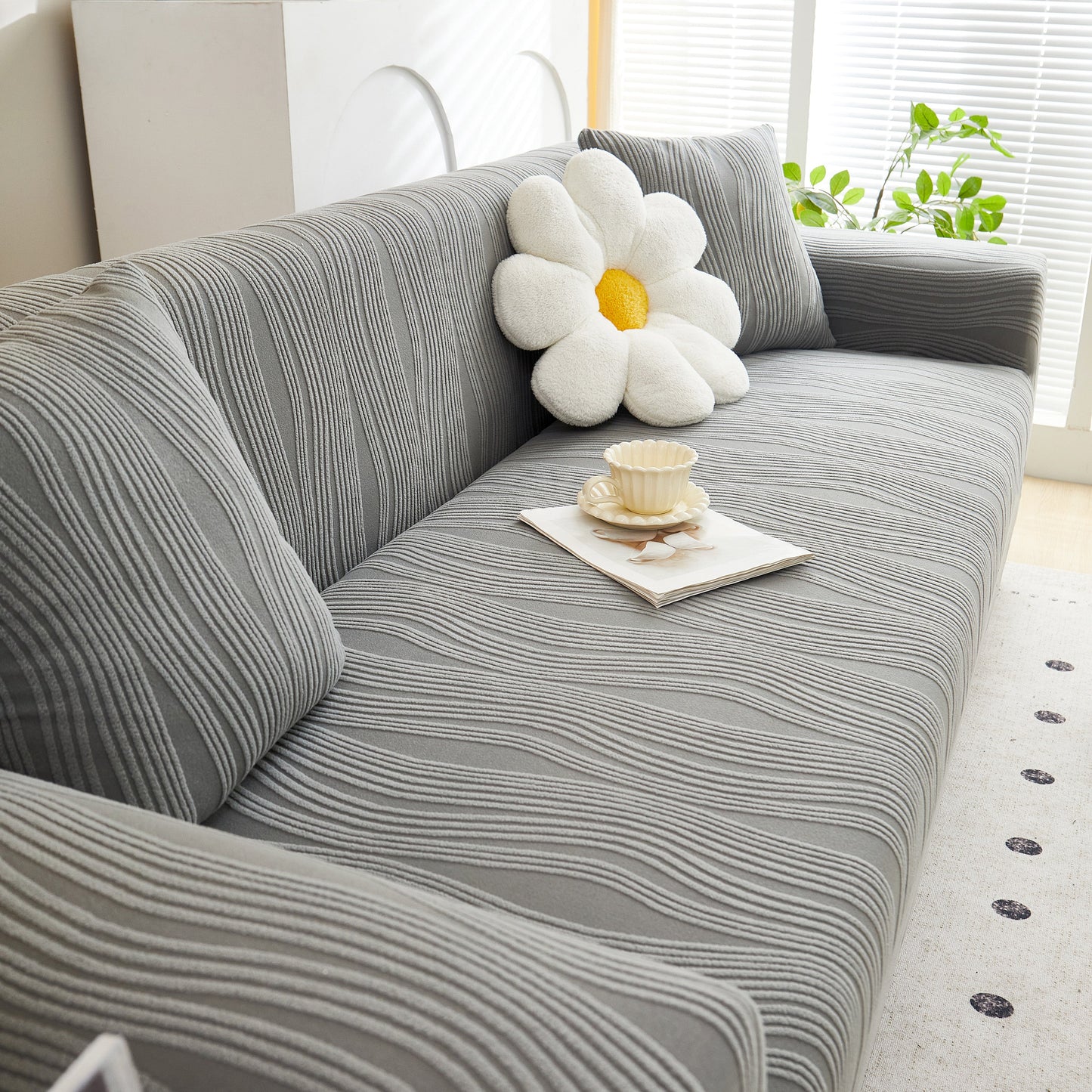 Textured Wave Stretch Sofa Couch Cover, Soft Washable Spandex Furniture Slipcovers on grey sofa with wave pattern, daisy pillow