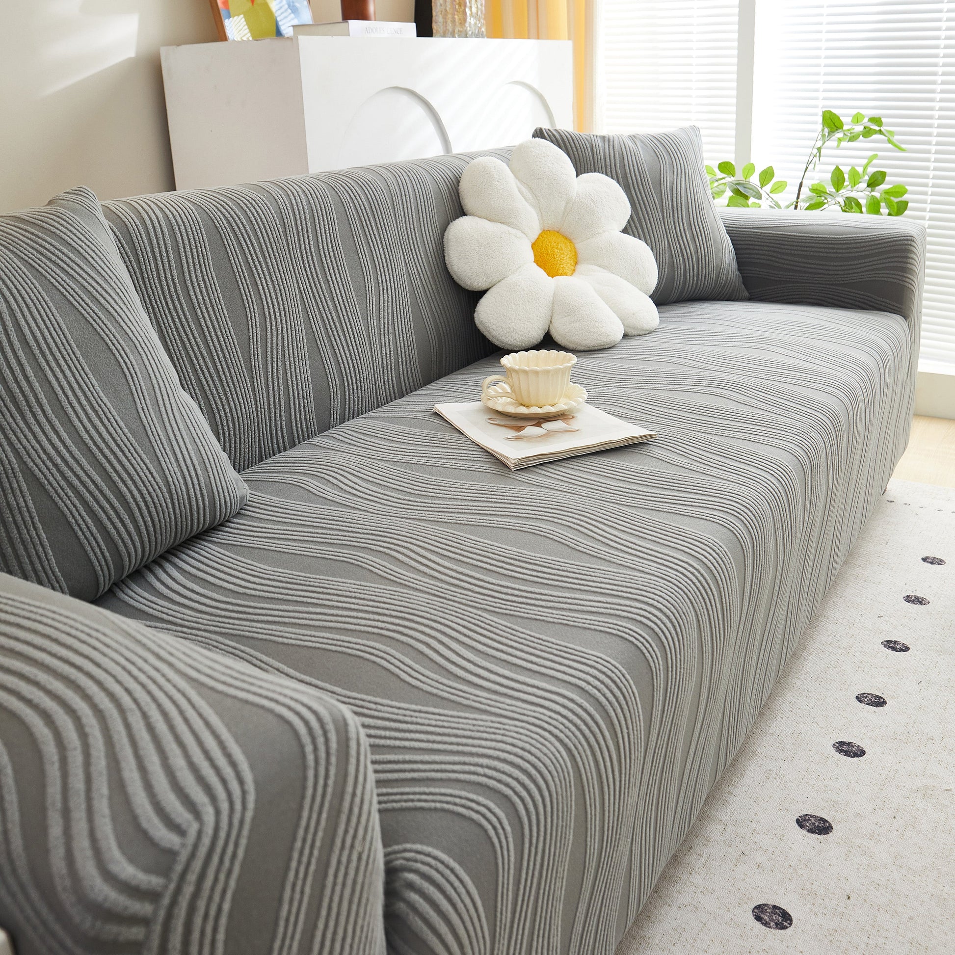 Textured Wave Stretch Sofa Couch Cover, Soft Washable Spandex Furniture Slipcovers on gray couch in modern living room.