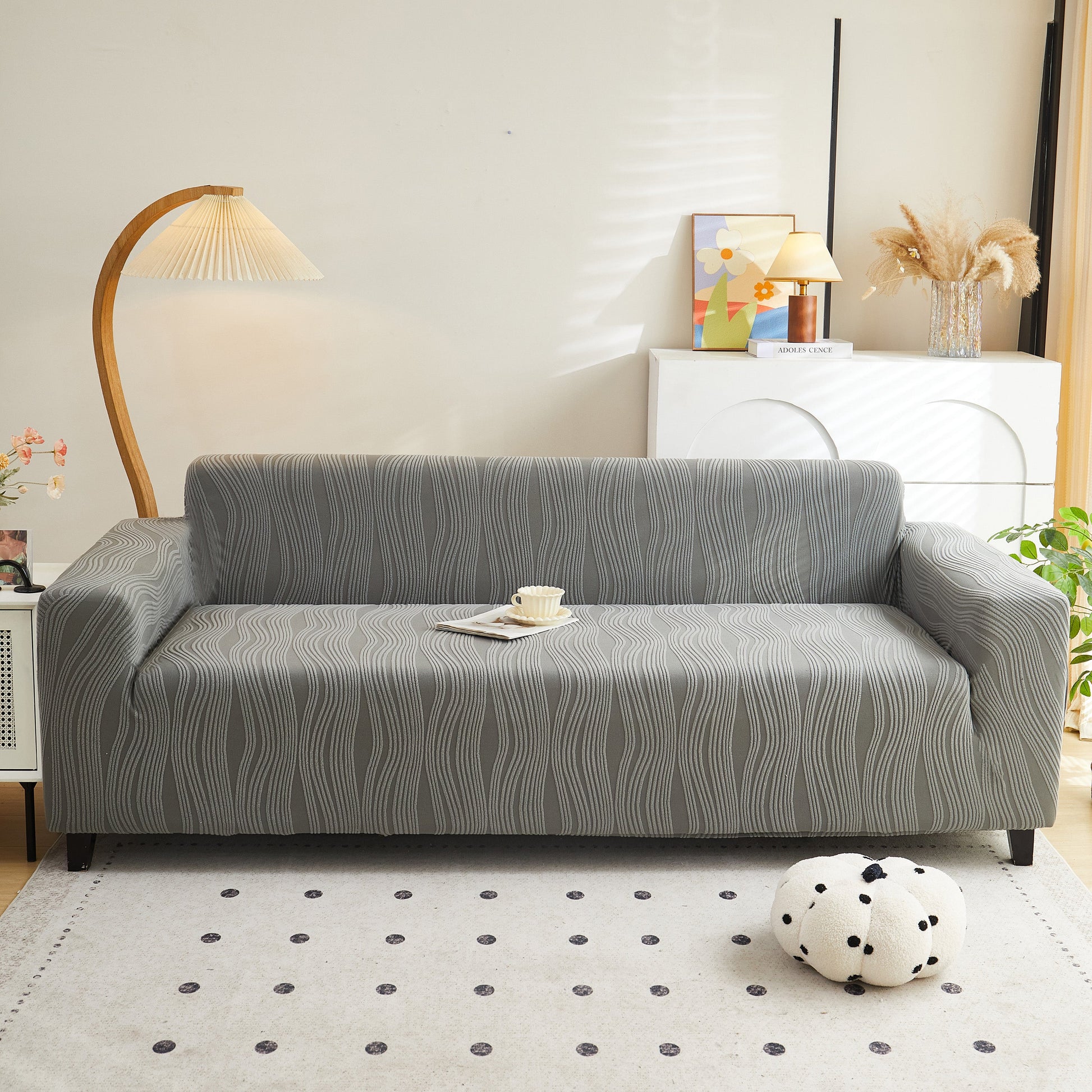 Textured Wave Stretch Sofa Couch Cover, Soft Washable Spandex Furniture Slipcovers in stylish living room setting