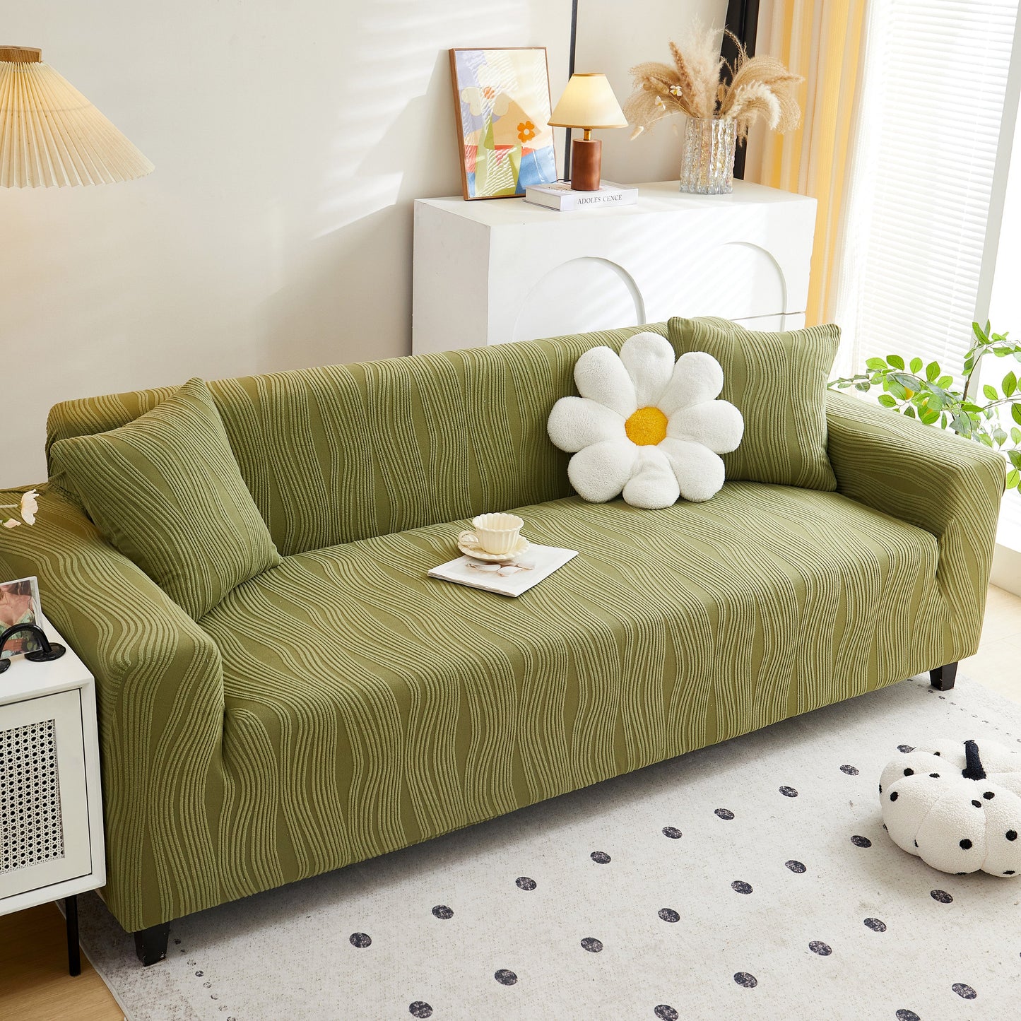 Textured Wave Stretch Sofa Couch Cover on a modern sofa, featuring a soft washable spandex design in a stylish living room setting.