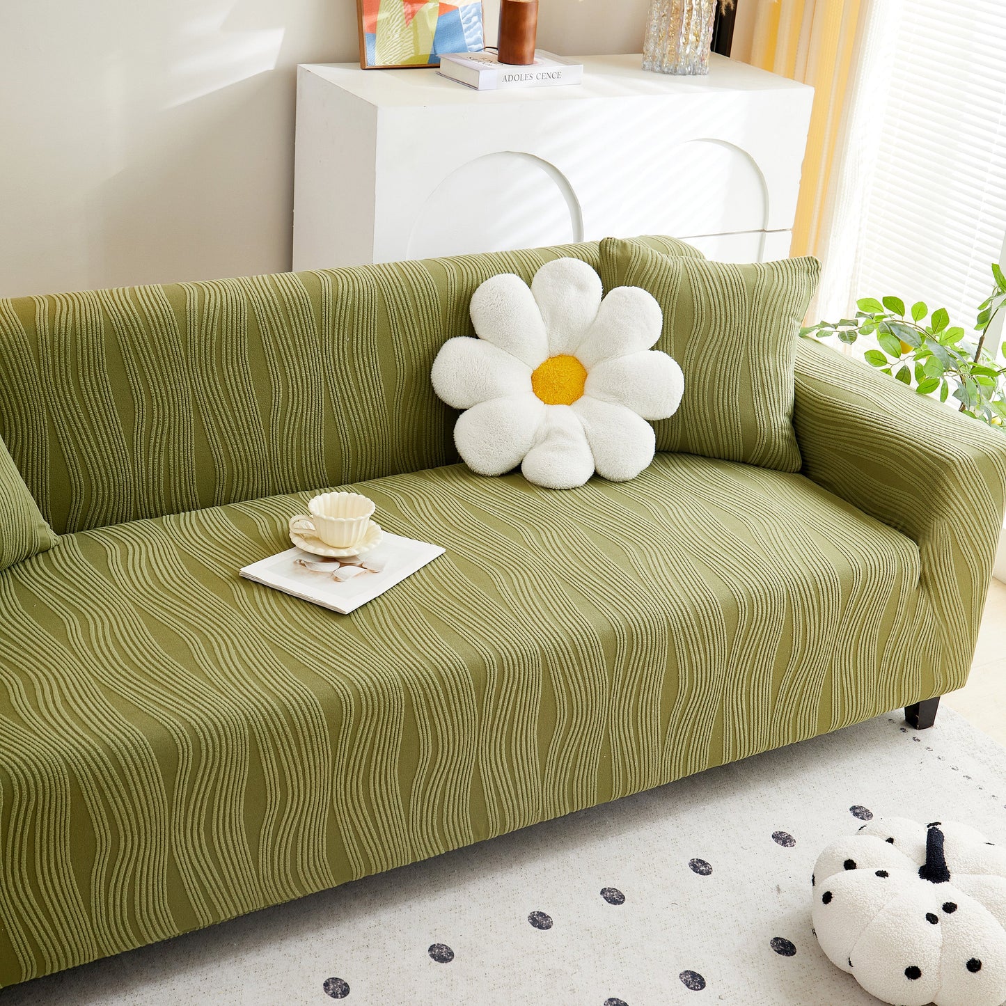 Textured Wave Stretch Sofa Couch Cover, Soft Washable Spandex Furniture Slipcovers in olive green with decorative pillows