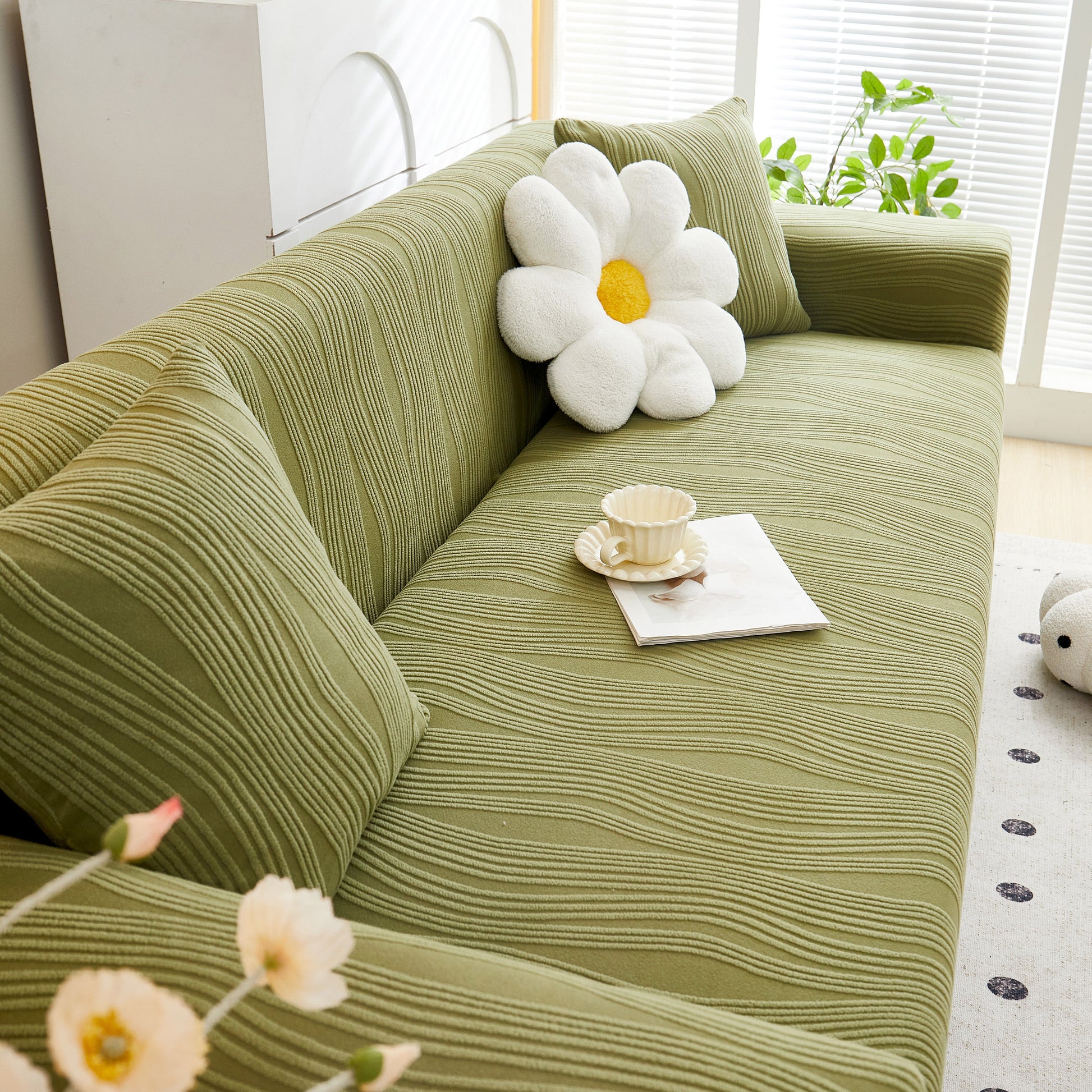 Textured Wave Stretch Sofa Couch Cover in green, featuring a soft washable spandex slipcover with elegant wave pattern for stylish protection.