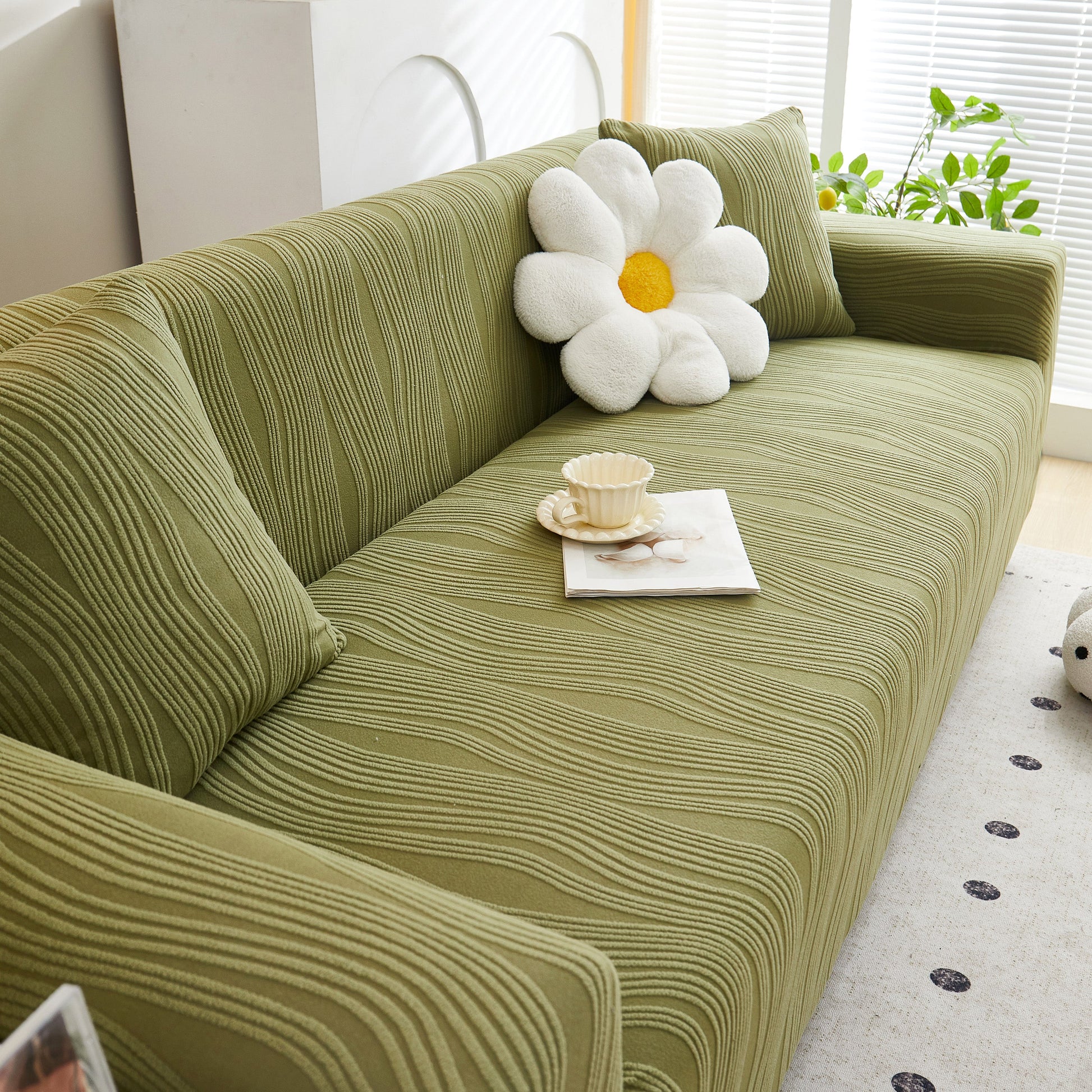 Textured Wave Stretch Sofa Couch Cover in green, featuring a soft washable spandex slipcover, elegant wave pattern, and stylish fit.
