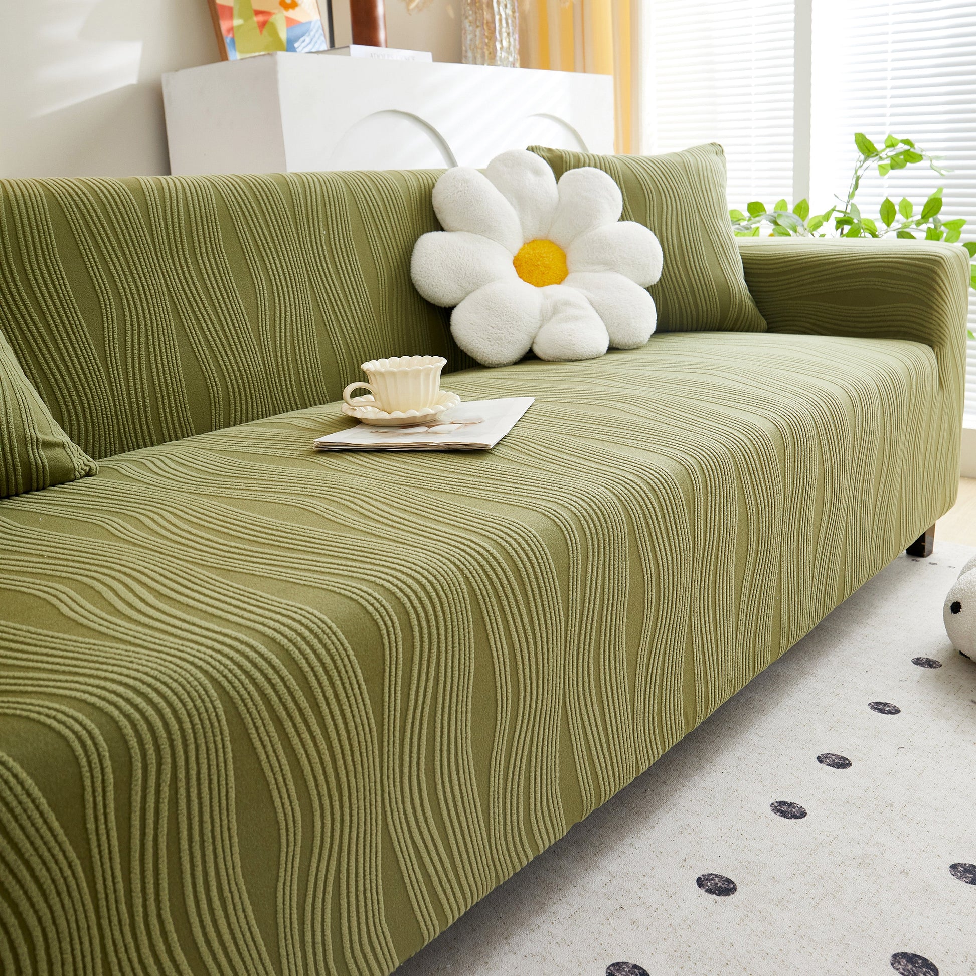 Textured Wave Stretch Sofa Couch Cover in green with soft washable spandex, stylish furniture slipcover.
