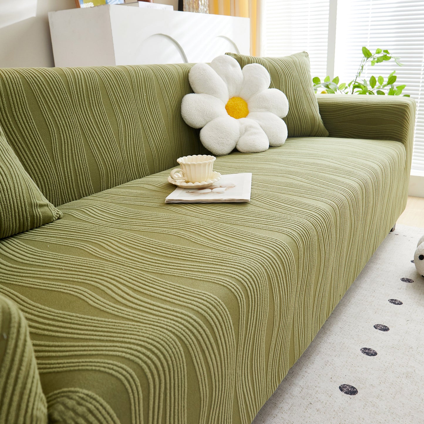 Textured Wave Stretch Sofa Couch Cover on furniture, soft washable spandex slipcovers, elegant wave pattern in modern living space