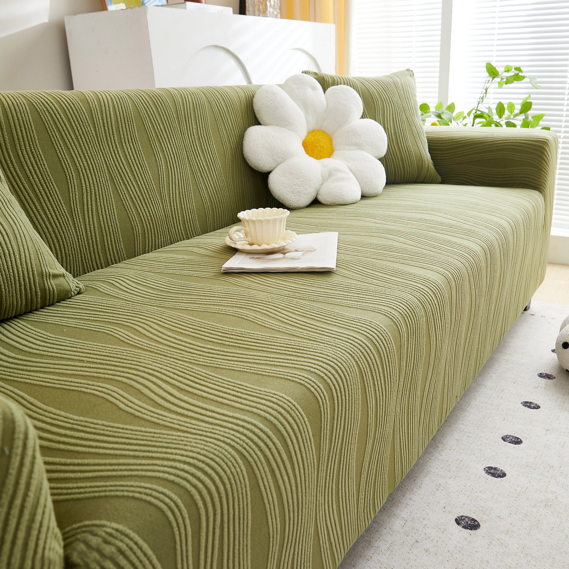 Textured Wave Stretch Sofa Couch Cover on furniture, soft washable spandex slipcovers, elegant wave pattern in modern living space