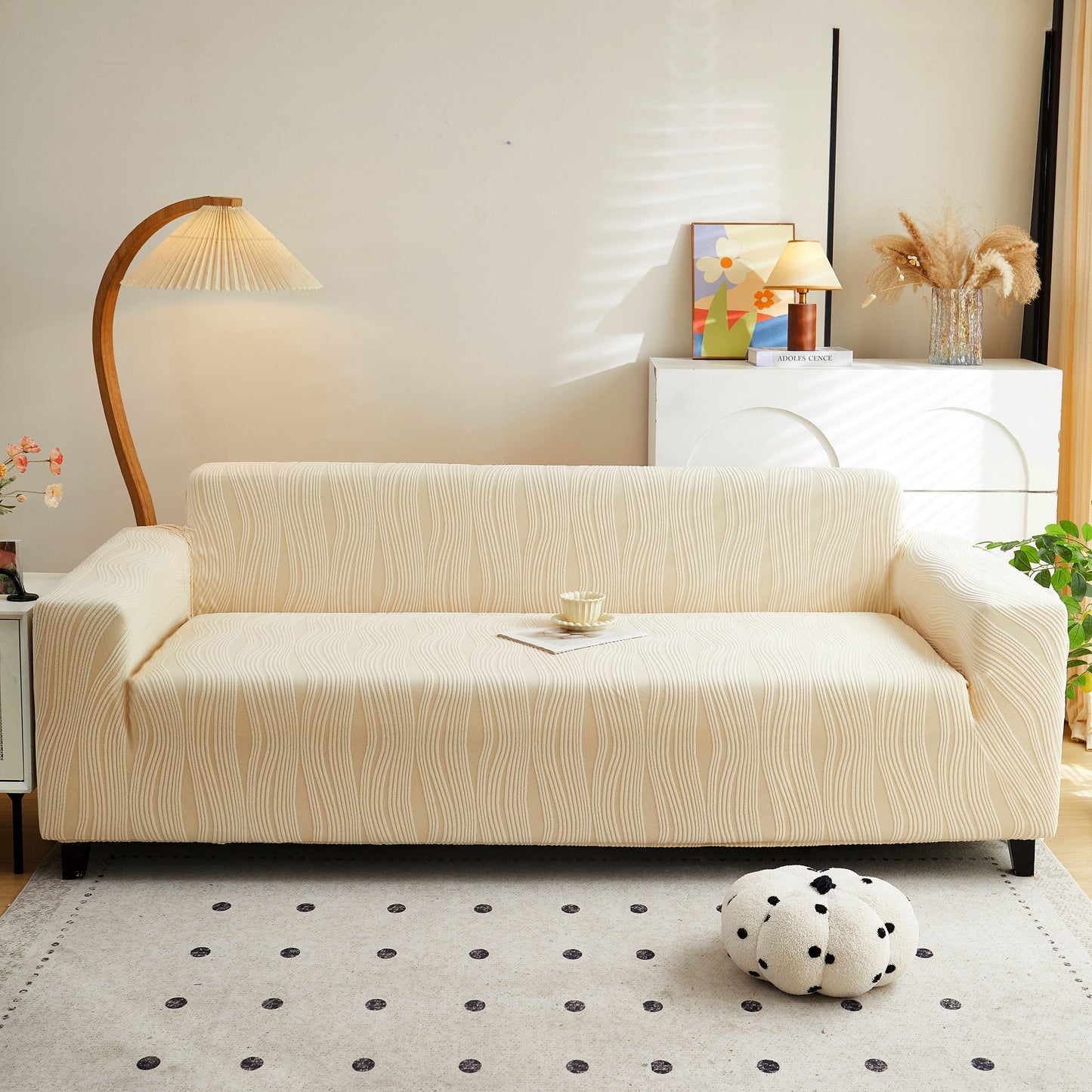 Textured Wave Stretch Sofa Couch Cover in soft spandex, elegantly protecting furniture in a modern living room.