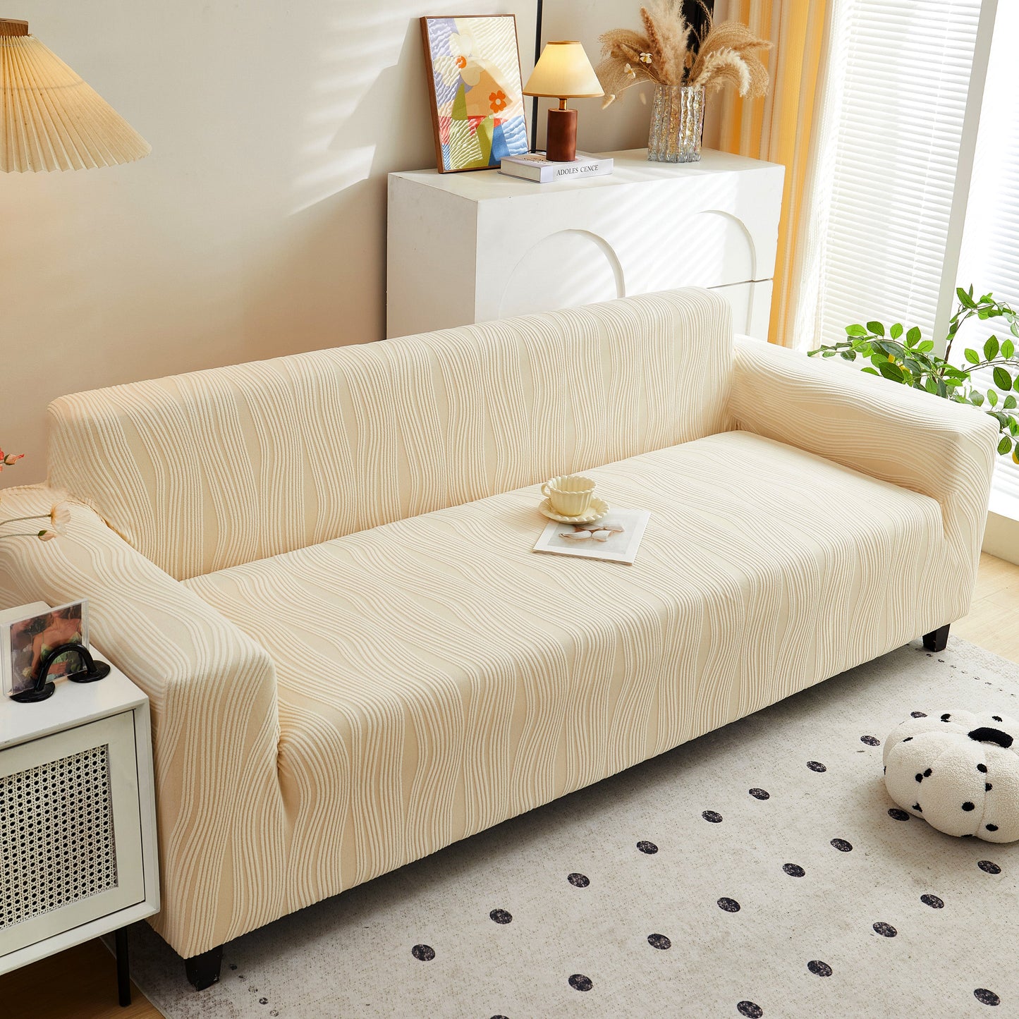 Textured Wave Stretch Sofa Couch Cover on beige sofa, Soft Washable Spandex Furniture Slipcovers, elegant wave pattern