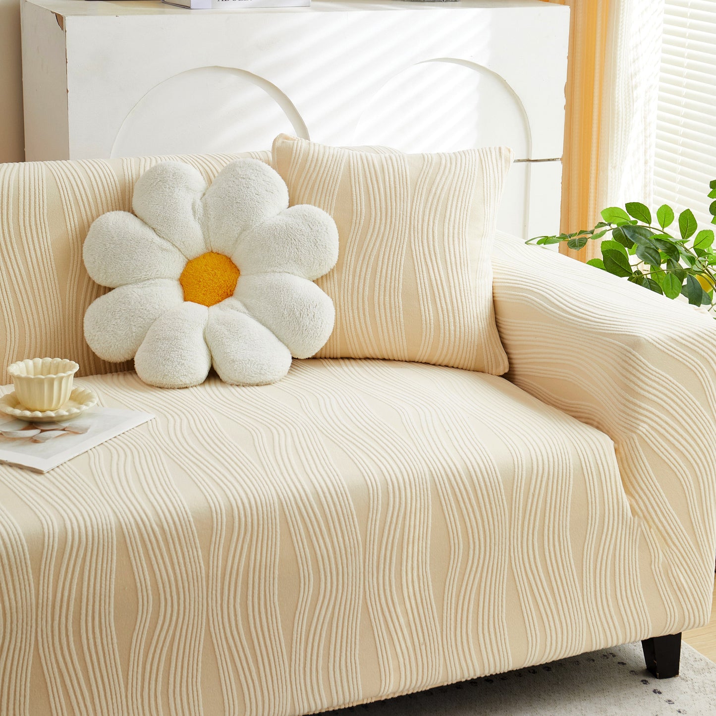 Textured Wave Stretch Sofa Couch Cover, Soft Washable Spandex Furniture Slipcovers on beige sofa with flower pillow