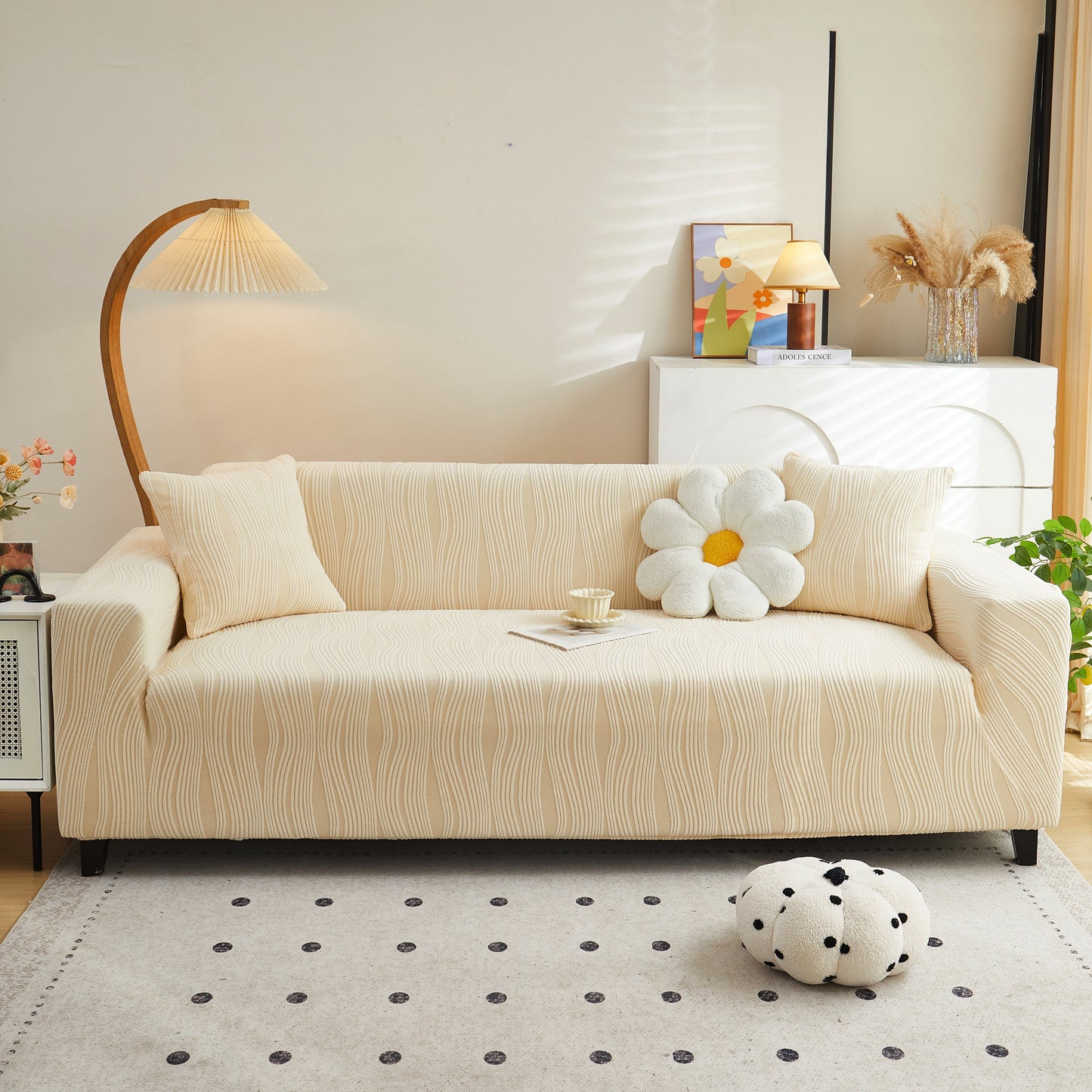 Textured Wave Stretch Sofa Couch Cover on modern sofa, soft washable spandex furniture slipcover in stylish living room setup
