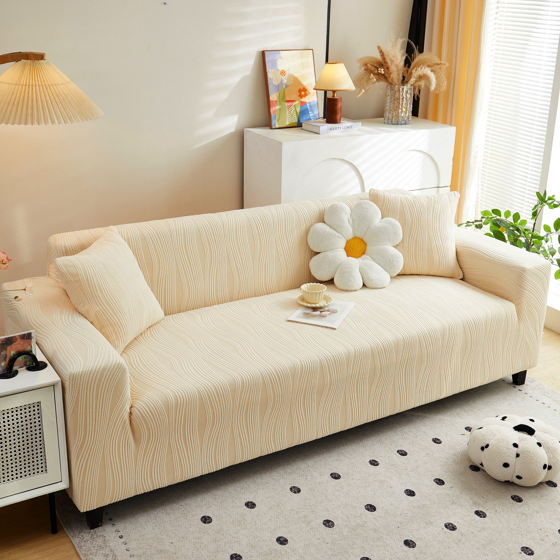 Textured Wave Stretch Sofa Couch Cover, Soft Washable Spandex Furniture Slipcovers on a stylish beige couch in a modern living room