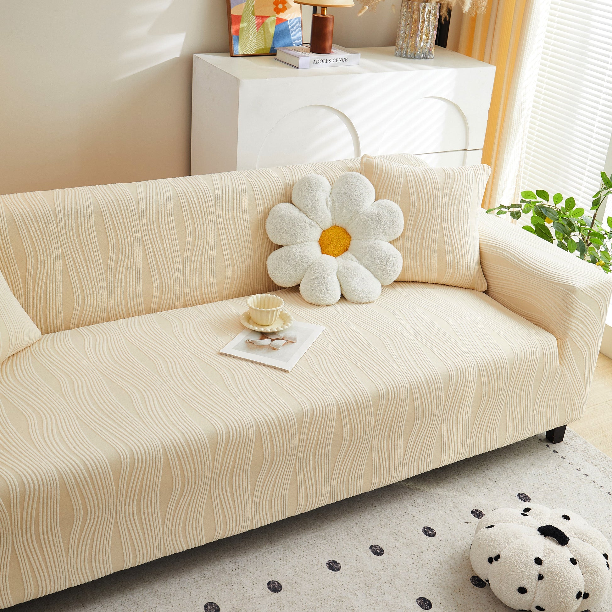 Textured Wave Stretch Sofa Couch Cover on sofa with flower pillow, Soft Washable Spandex Furniture Slipcovers for modern living room.