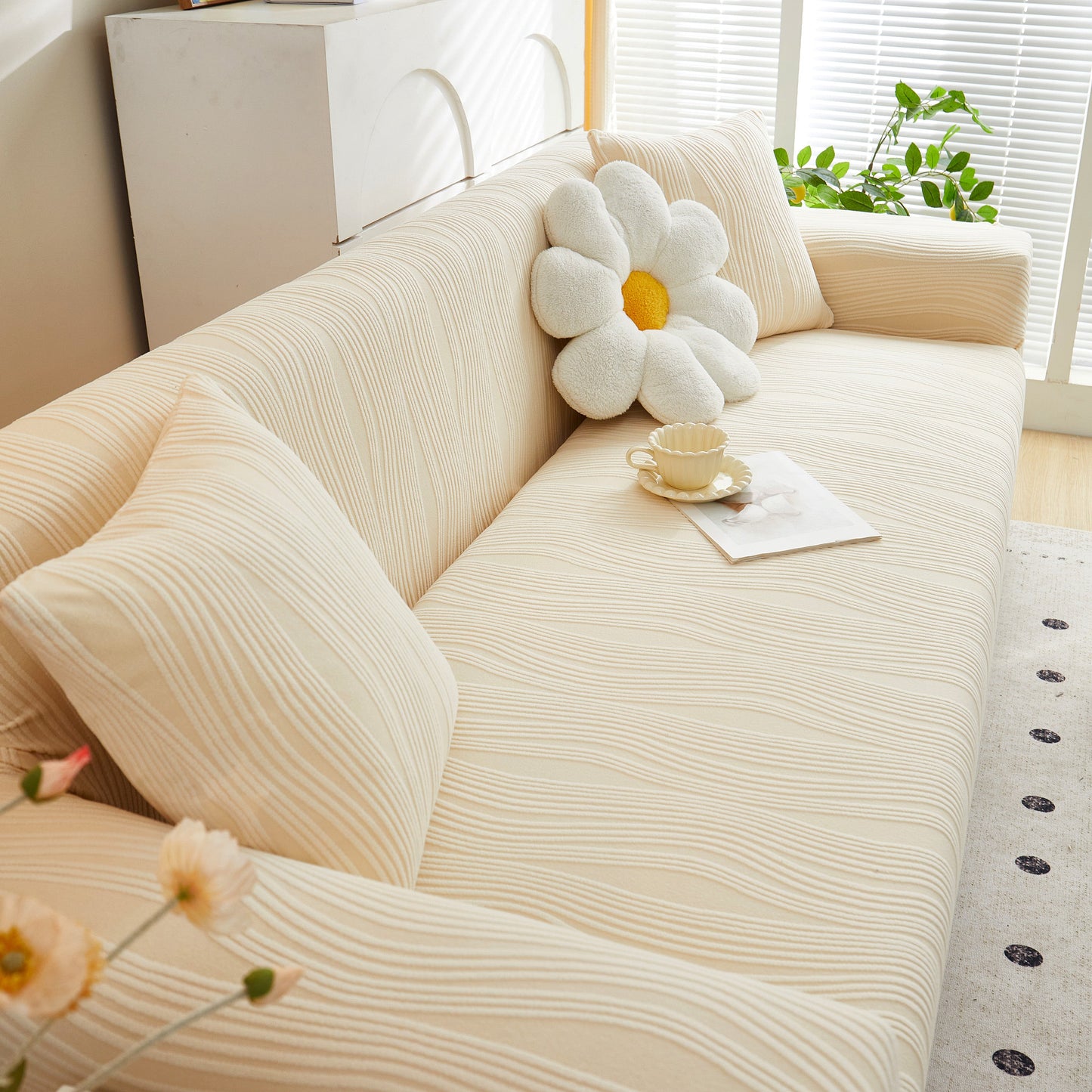 Textured Wave Stretch Sofa Couch Cover on beige sofa with flower pillow, Soft Washable Spandex Furniture Slipcovers in living room
