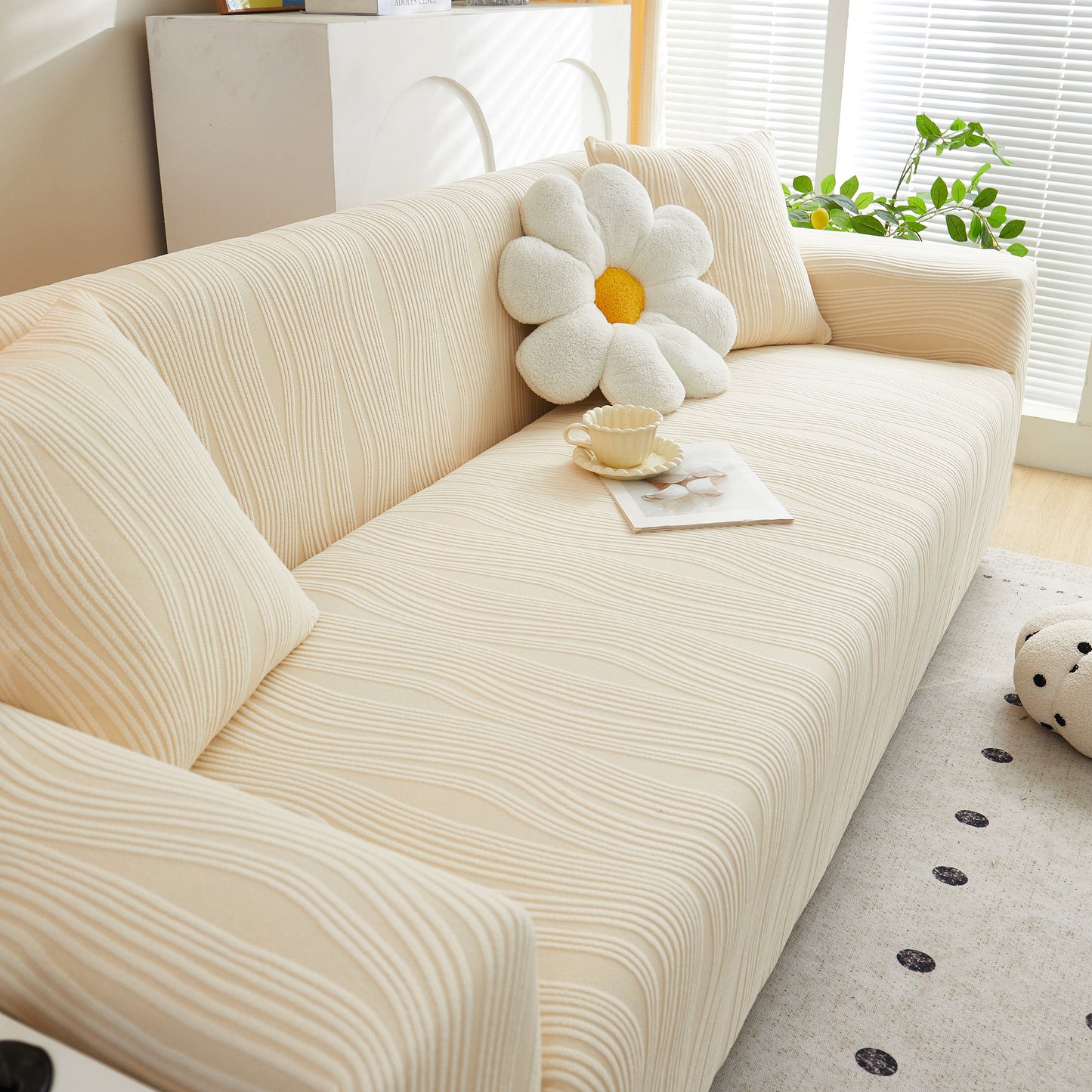 Textured Wave Stretch Sofa Couch Cover in living room, soft washable spandex furniture slipcovers, elegant and modern design