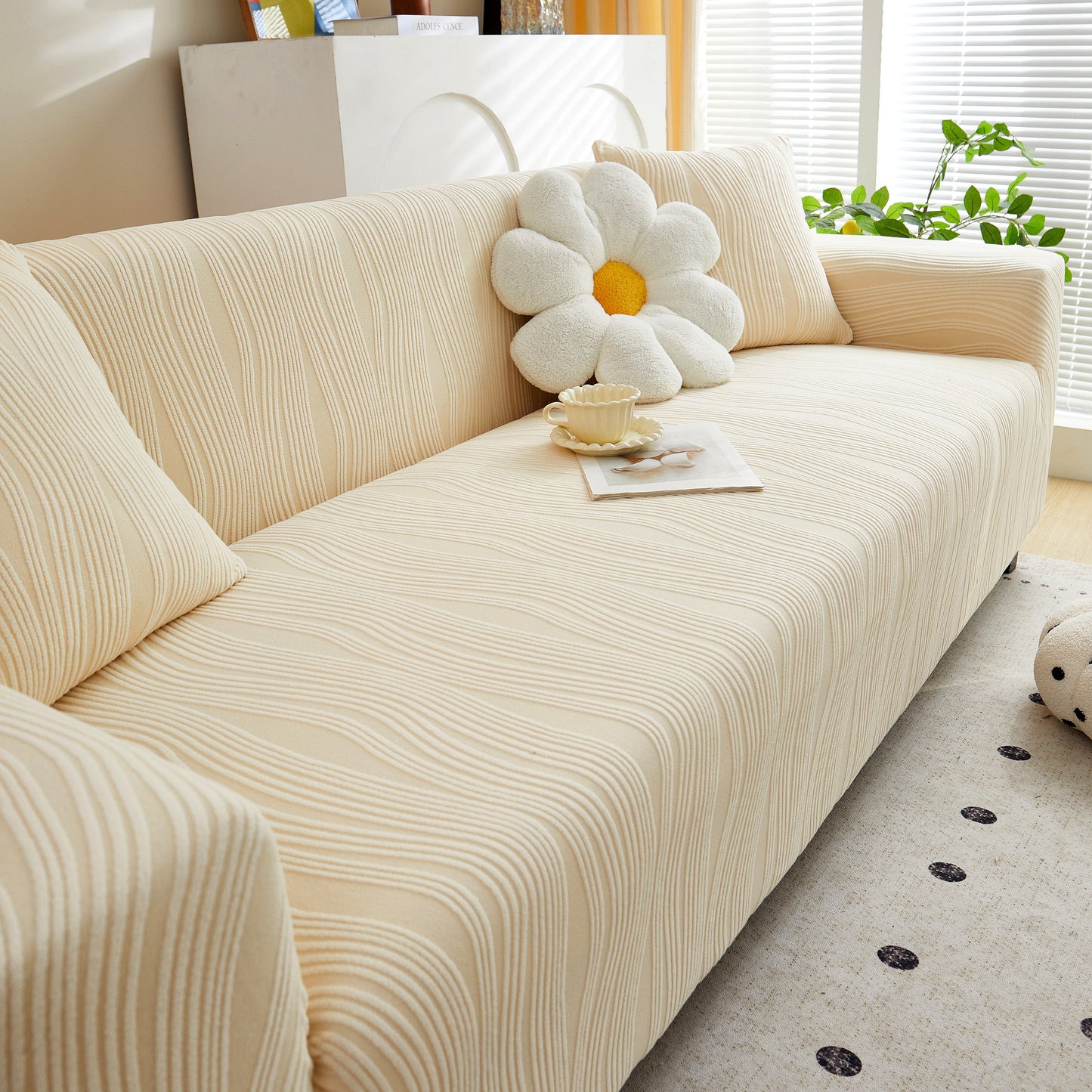 Textured Wave Stretch Sofa Couch Cover on modern couch with elegant wave pattern, Soft Washable Spandex Furniture Slipcovers showcased.