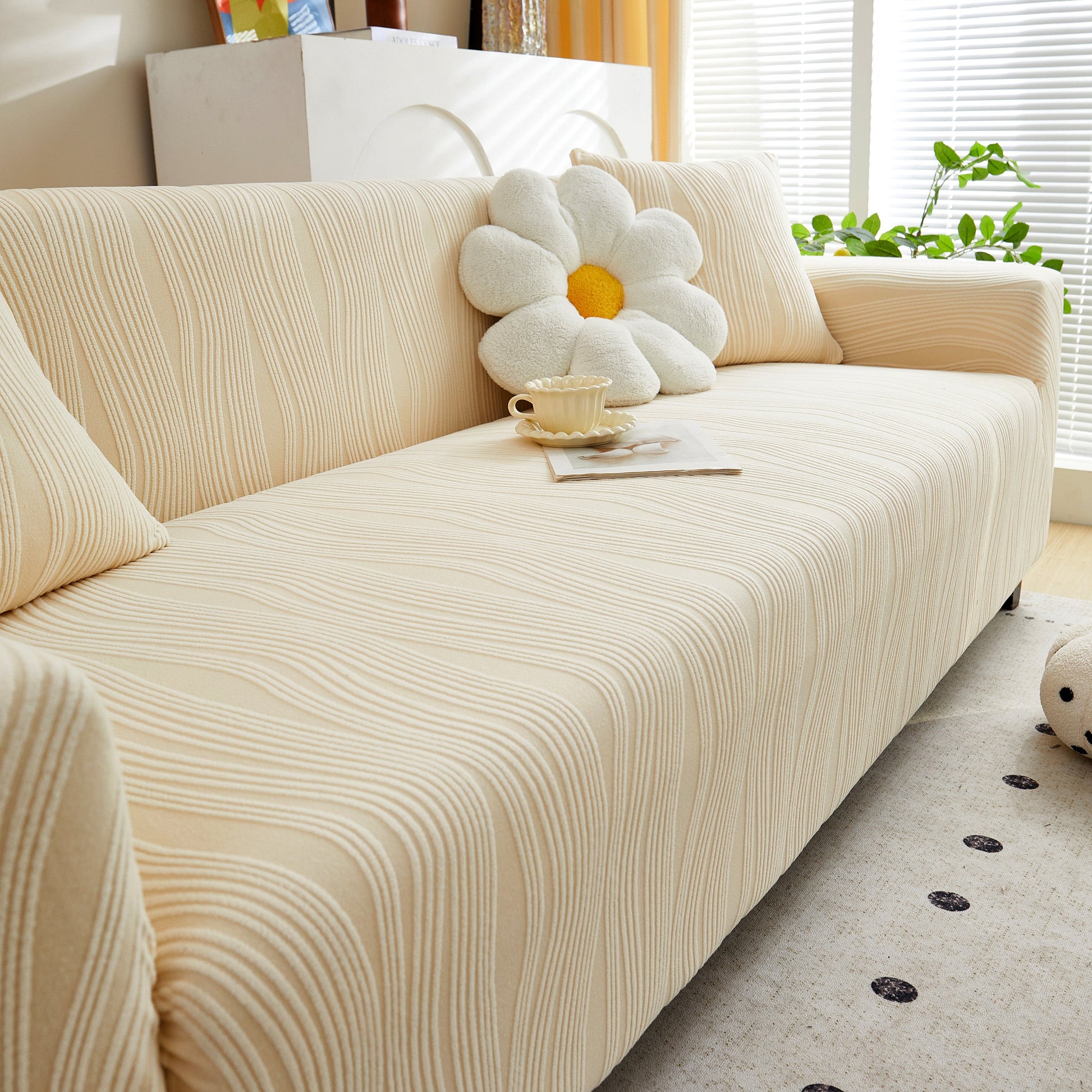 Textured Wave Stretch Sofa Couch Cover, Soft Washable Spandex Furniture Slipcovers on modern beige couch.