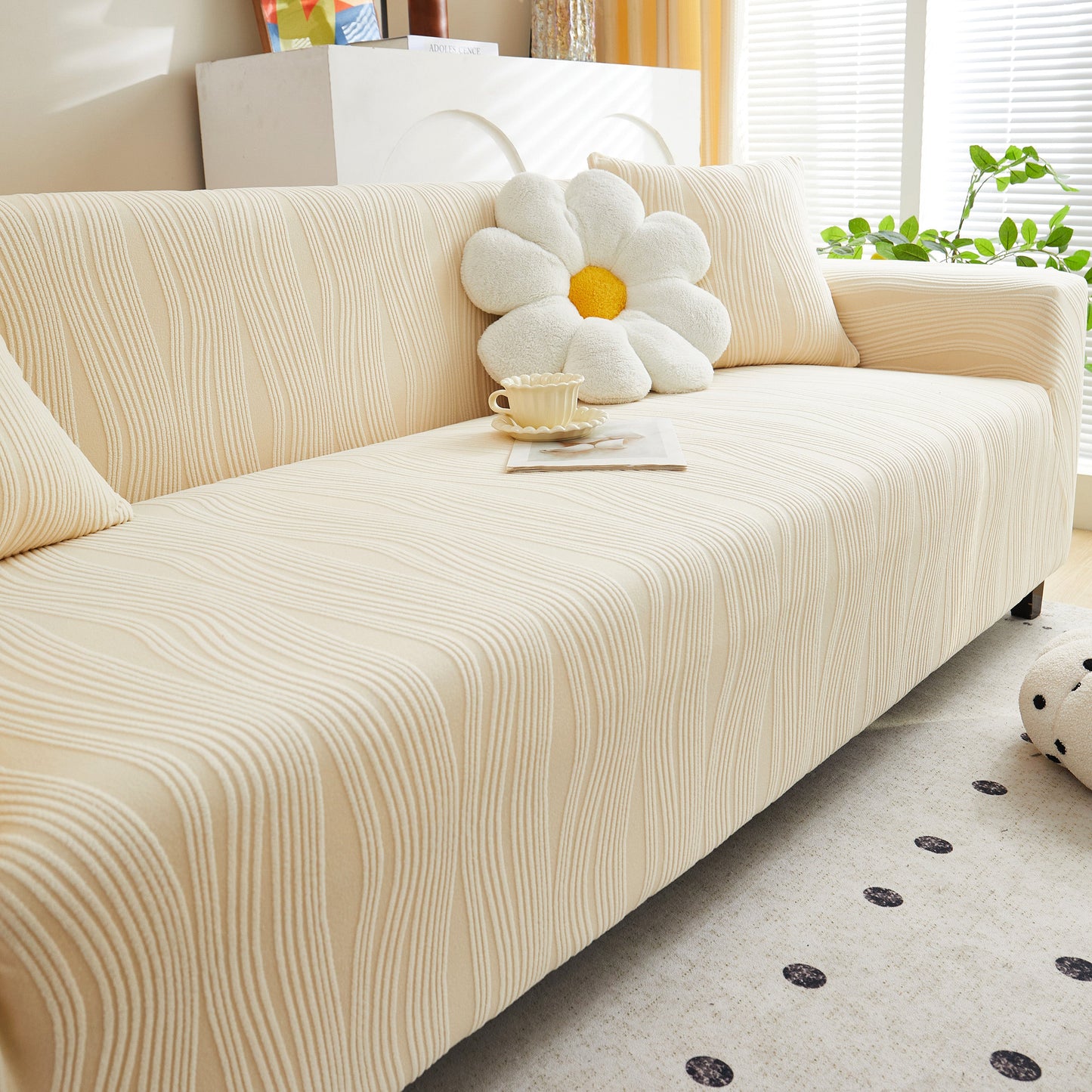 Textured Wave Stretch Sofa Couch Cover, Soft Washable Spandex Furniture Slipcovers in a modern living room setting.