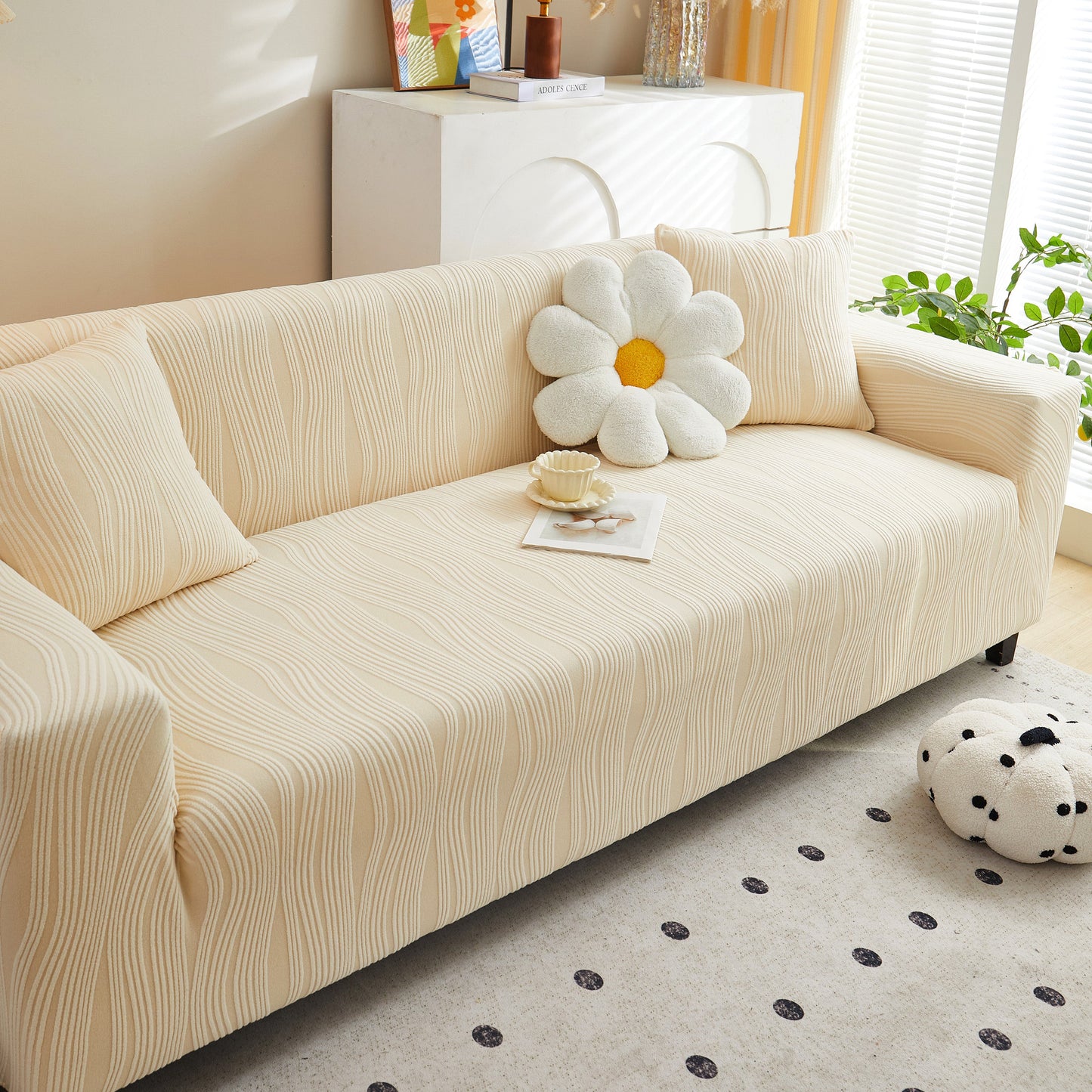 Textured Wave Stretch Sofa Couch Cover, Soft Washable Spandex Furniture Slipcovers on beige couch in modern living room.