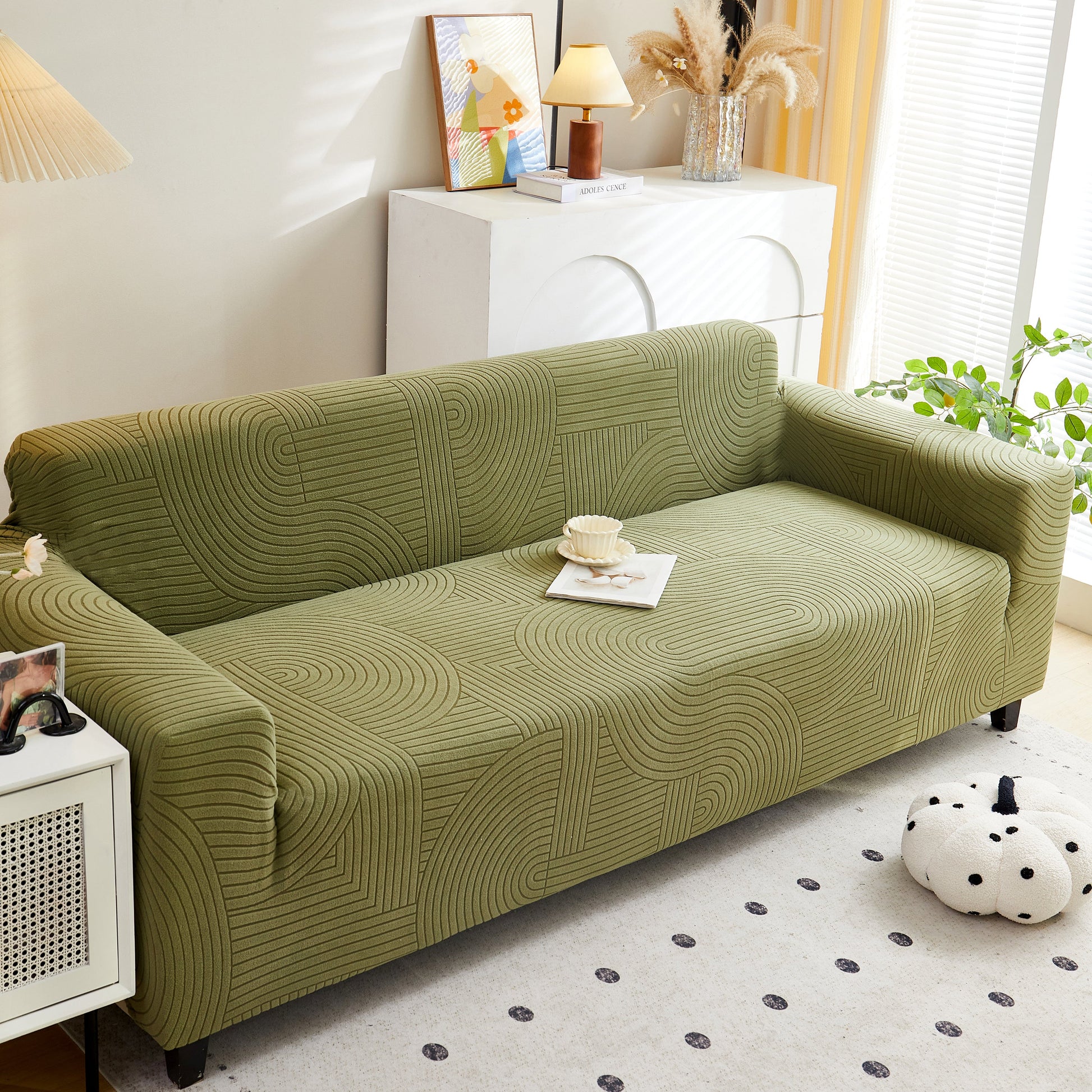 Fleece Stretch Sofa Slipcover Washable Soft Spandex Couch Cover Furniture Protector on green sofa with geometric pattern