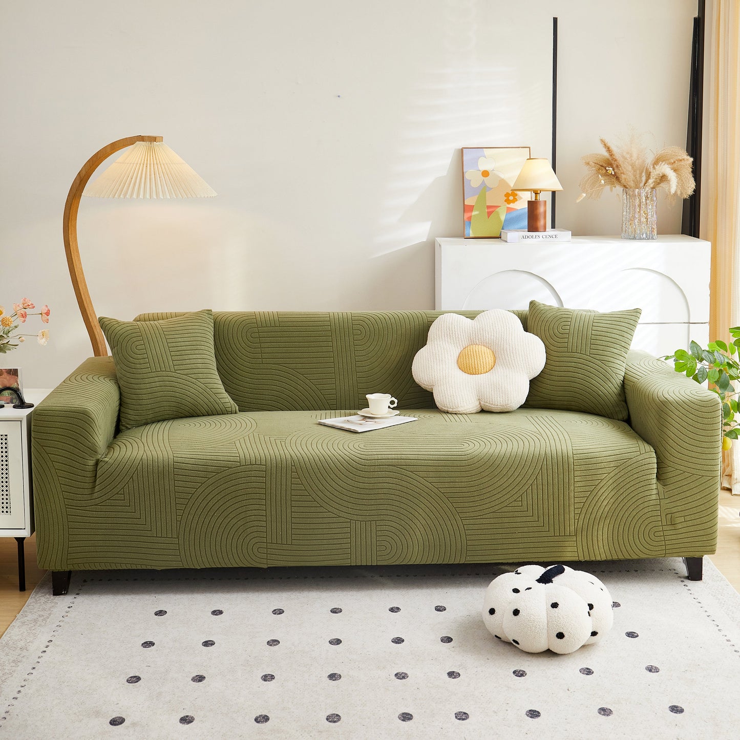 Fleece Stretch Sofa Slipcover Washable Soft Spandex Couch Cover Furniture Protector in modern geometric wave pattern on a green sofa