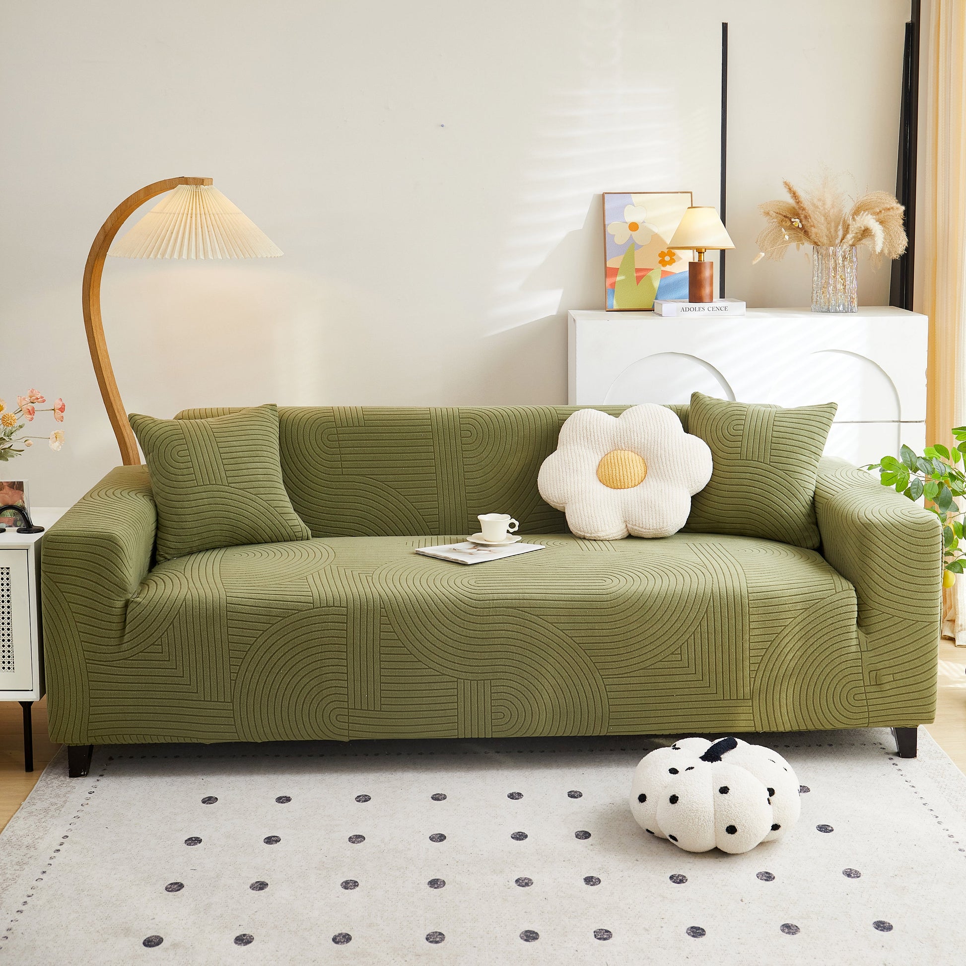 Fleece Stretch Sofa Slipcover Washable Soft Spandex Couch Cover Furniture Protector in modern geometric wave pattern on a green sofa