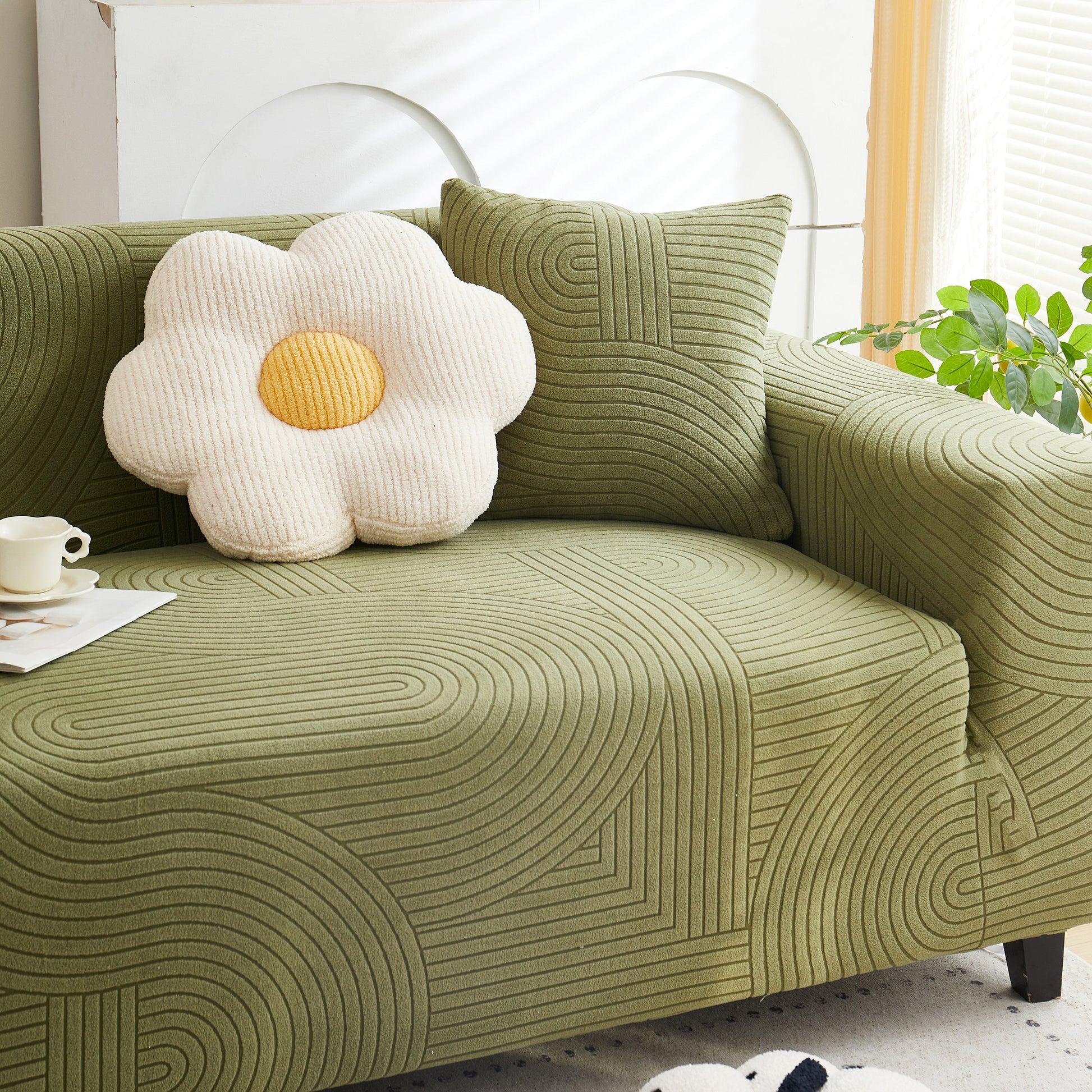 Green sofa with Fleece Stretch Sofa Slipcover Washable Soft Spandex Couch Cover Furniture Protector and decorative flower pillow