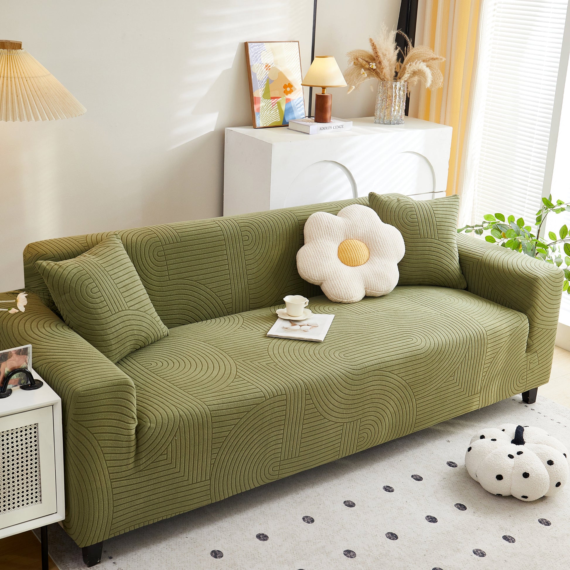 Fleece Stretch Sofa Slipcover Washable Soft Spandex Couch Cover Furniture Protector with geometric wave pattern in living room.