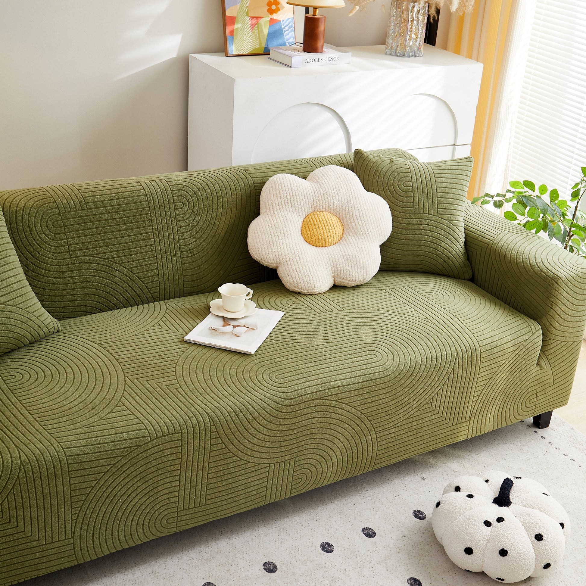Green Fleece Stretch Sofa Slipcover with modern geometric wave pattern, soft spandex couch cover furniture protector, stylish living room decor.