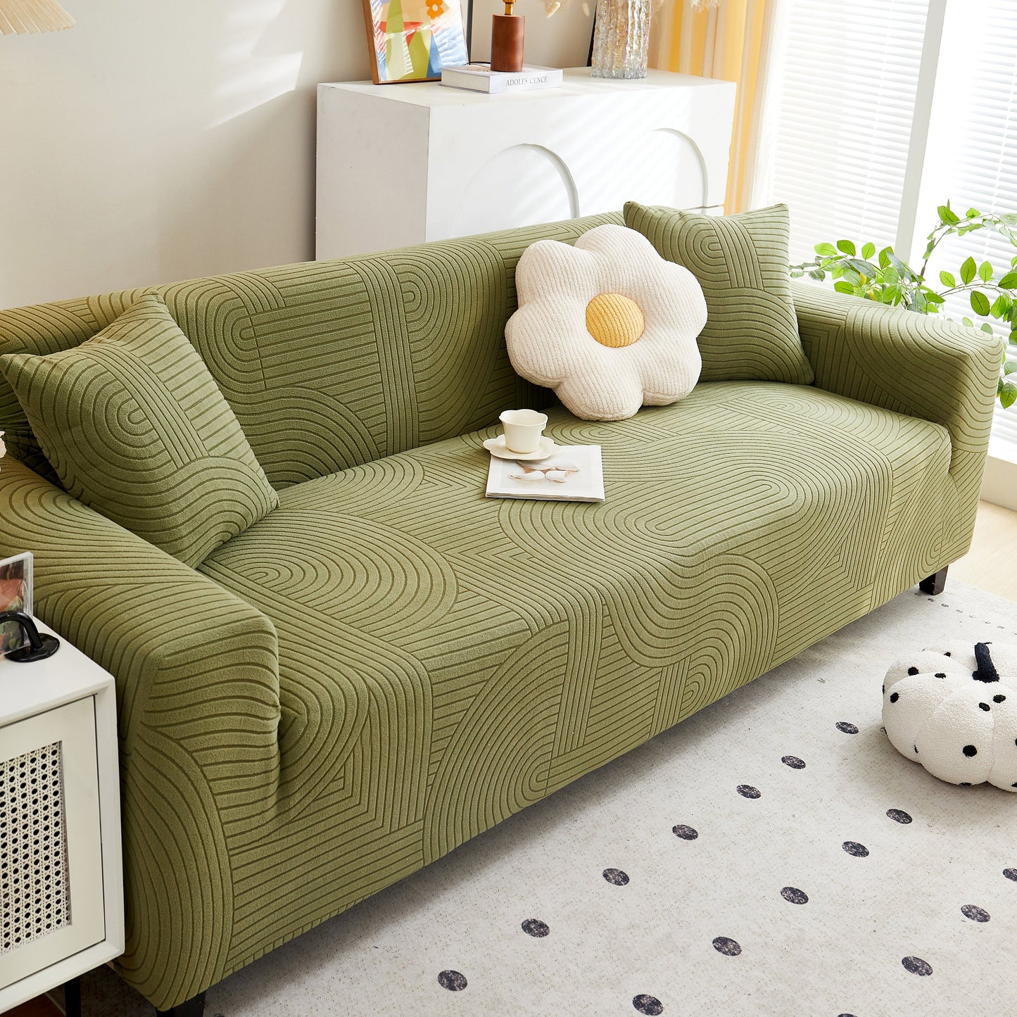 Green Fleece Stretch Sofa Slipcover with geometric wave pattern, Washable Soft Spandex Couch Cover Furniture Protector for home decor