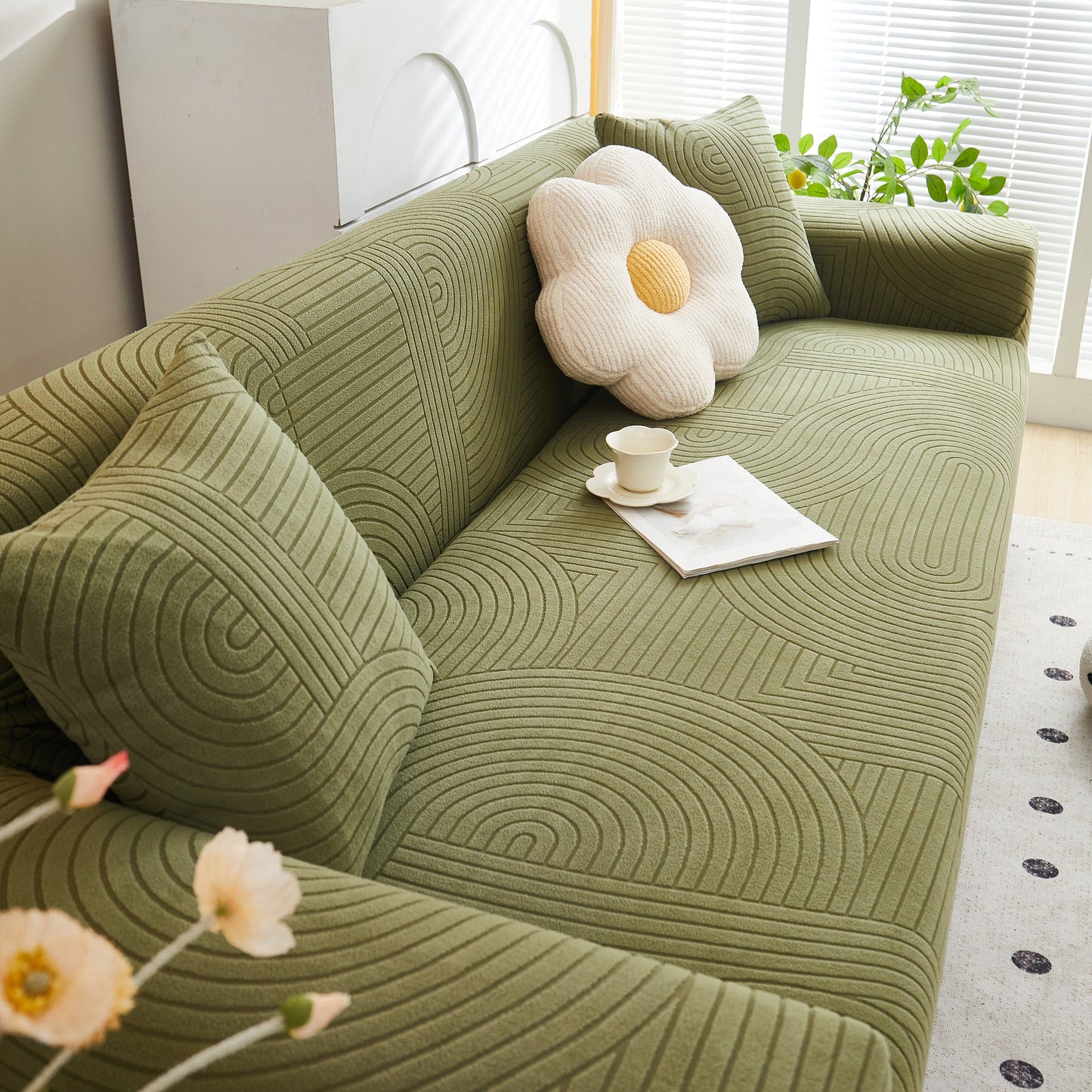 Fleece Stretch Sofa Slipcover Washable Soft Spandex Couch Cover Furniture Protector with geometric wave pattern and floral decor.